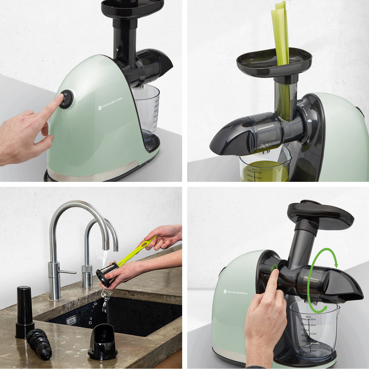 Collage of 4 images showing a light green juicer in use and being cleaned.