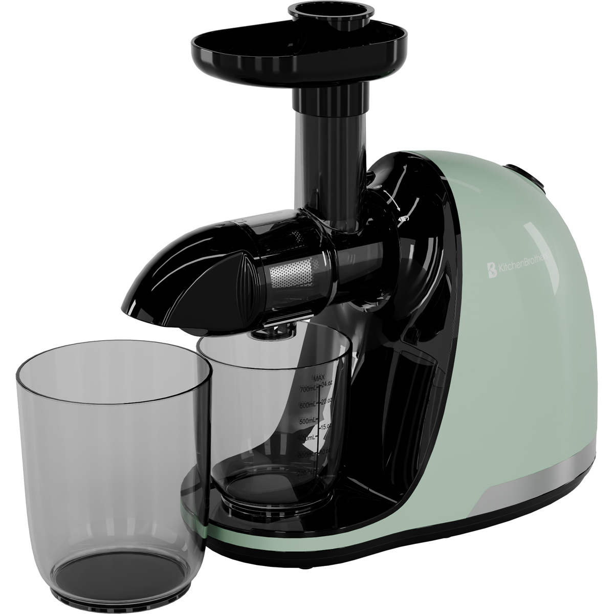 A light green juicer with a black chute and two containers.