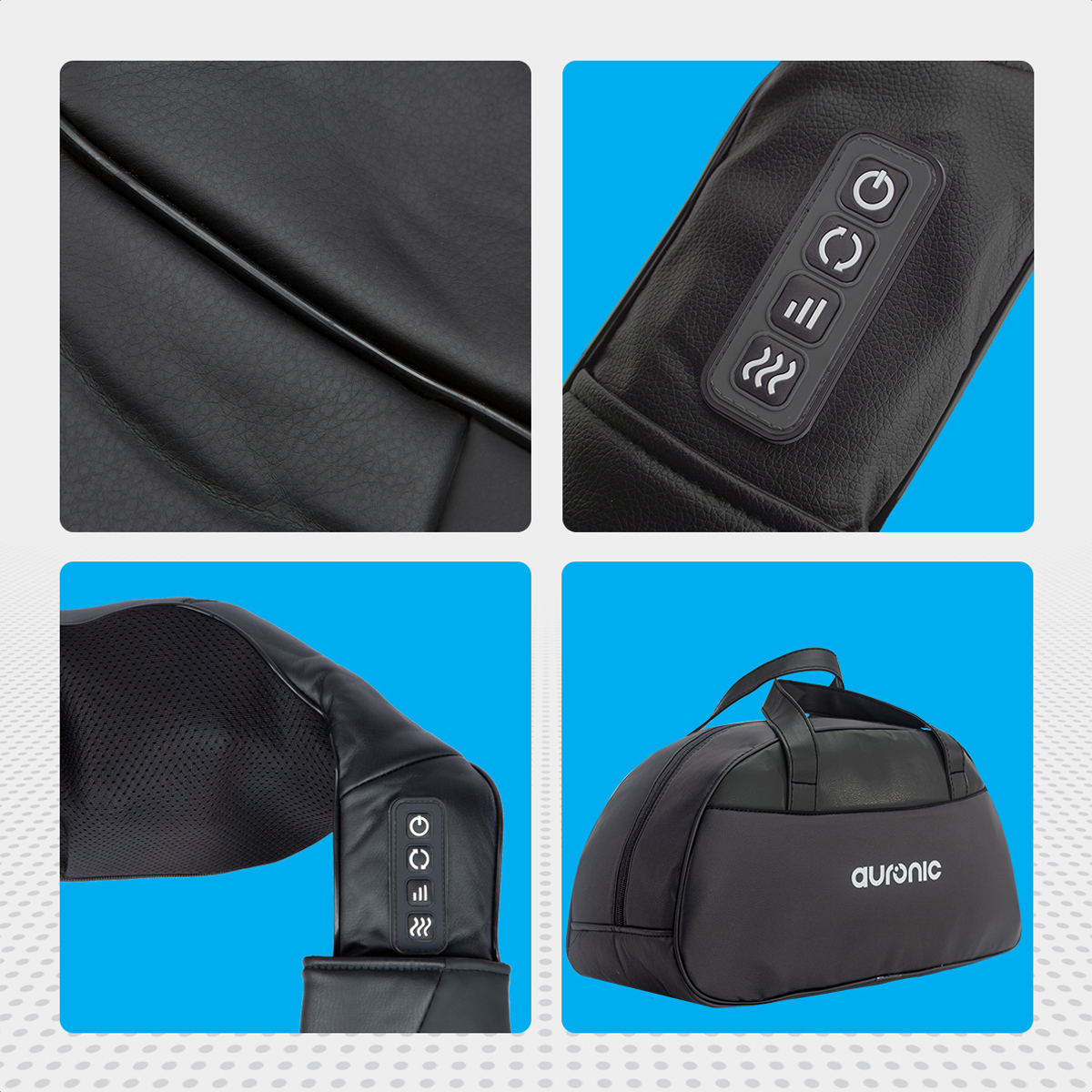 Four images show a black massager and its carrying bag.