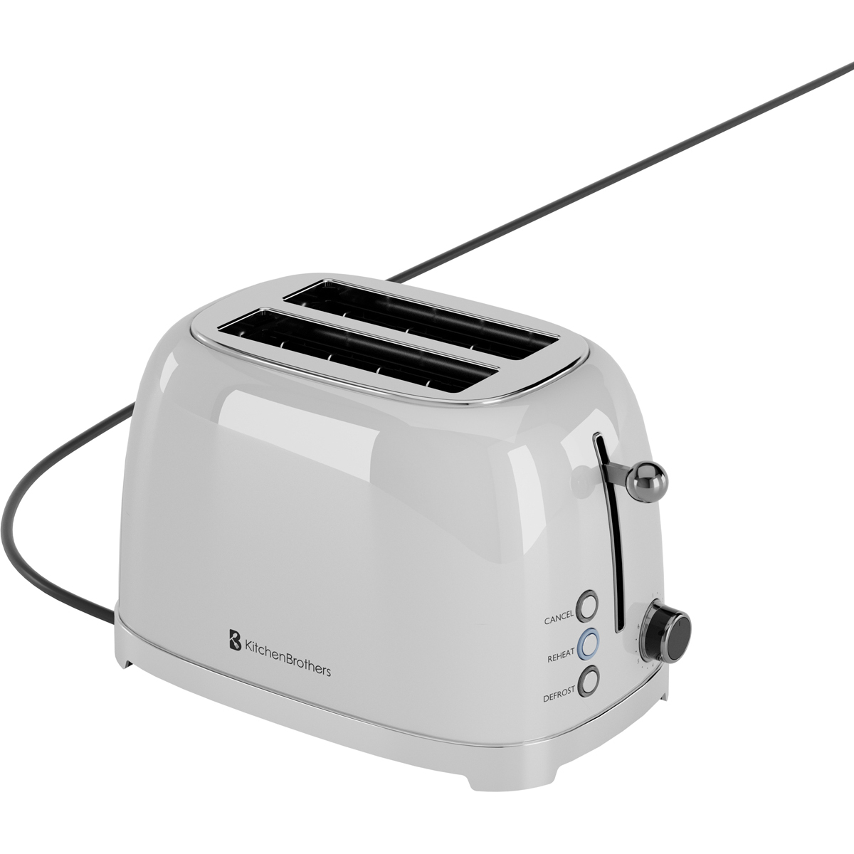 Ein weißer Toaster mit zwei Schlitzen und einem silbernen Hebel auf weißem Hintergrund.
