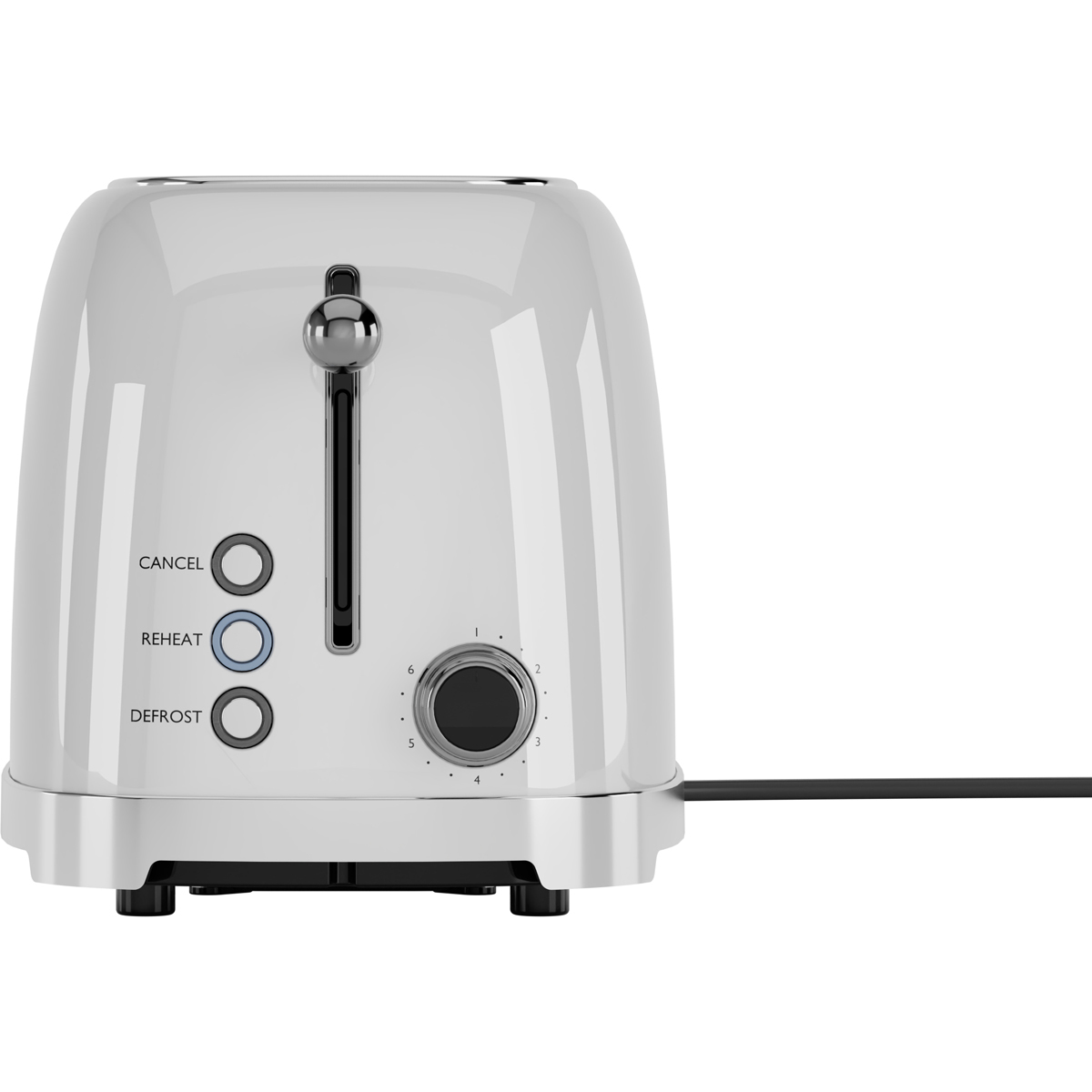 Ein glänzender weißer Toaster mit silbernem Hebel und Bedienelementen.