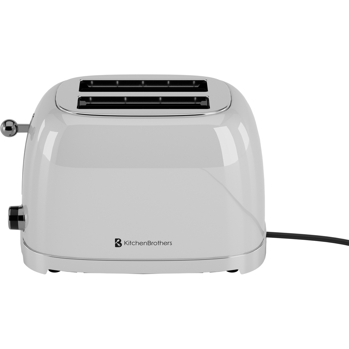 Ein weißer Toaster mit Chromdetails und einem schwarzen Kabel auf weißem Hintergrund.