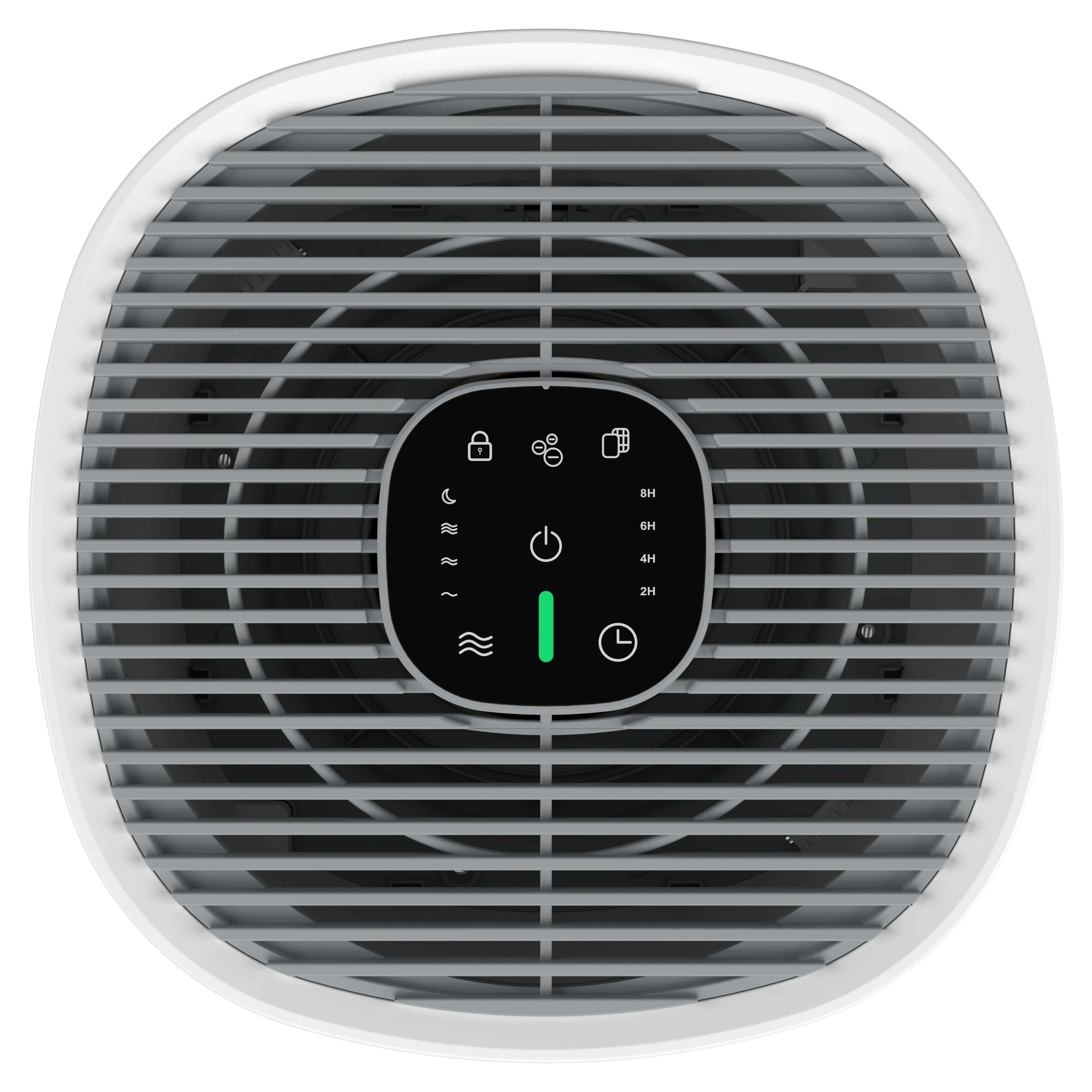 A white air purifier with a black control panel and icons.