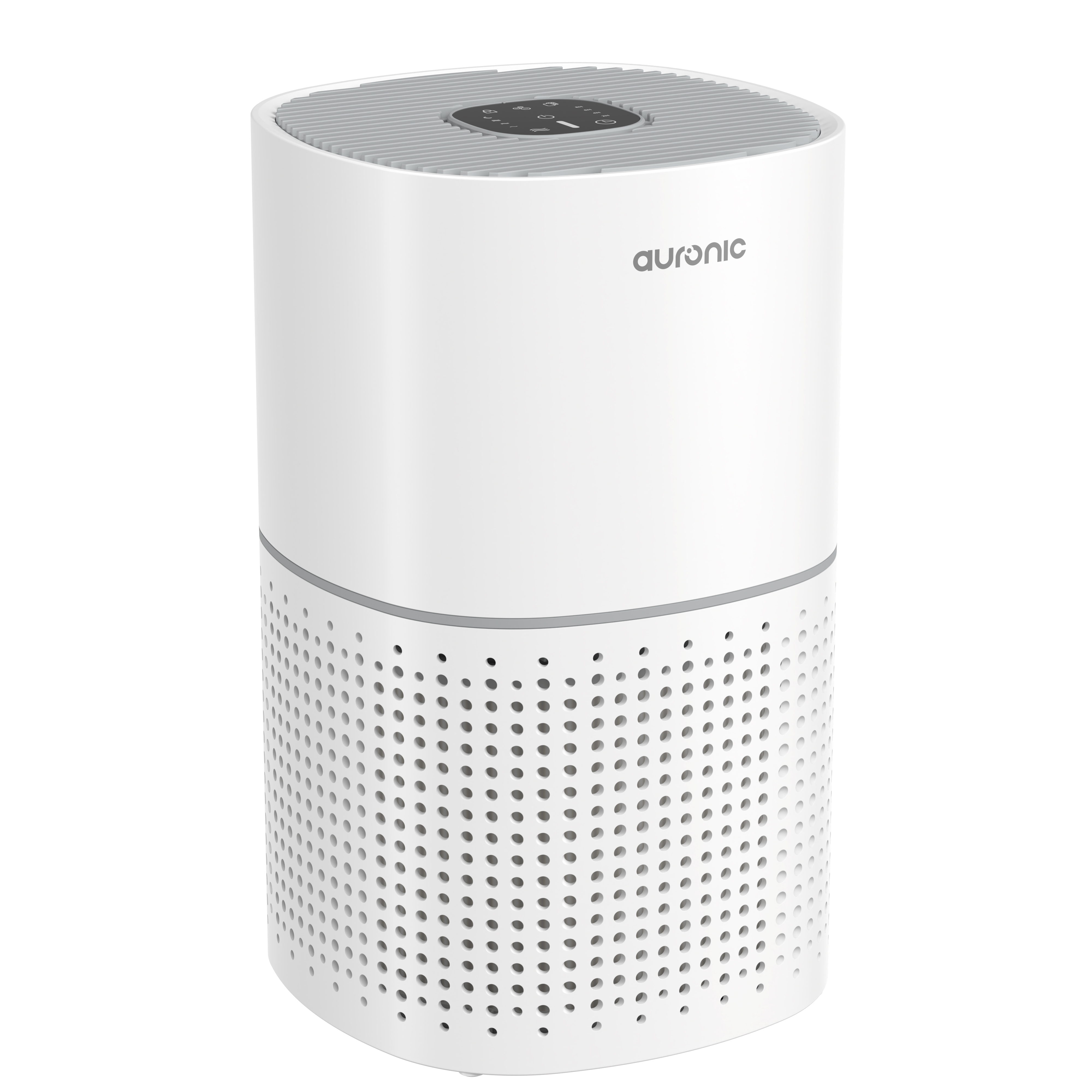 A white air purifier with a perforated body and a gray control panel on top.