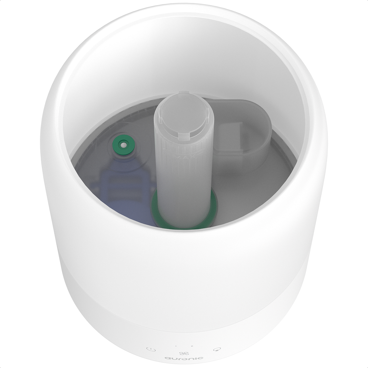 Innenansicht eines weißen Luftbefeuchters mit transparentem Tank, Filter und Steuerelementen.