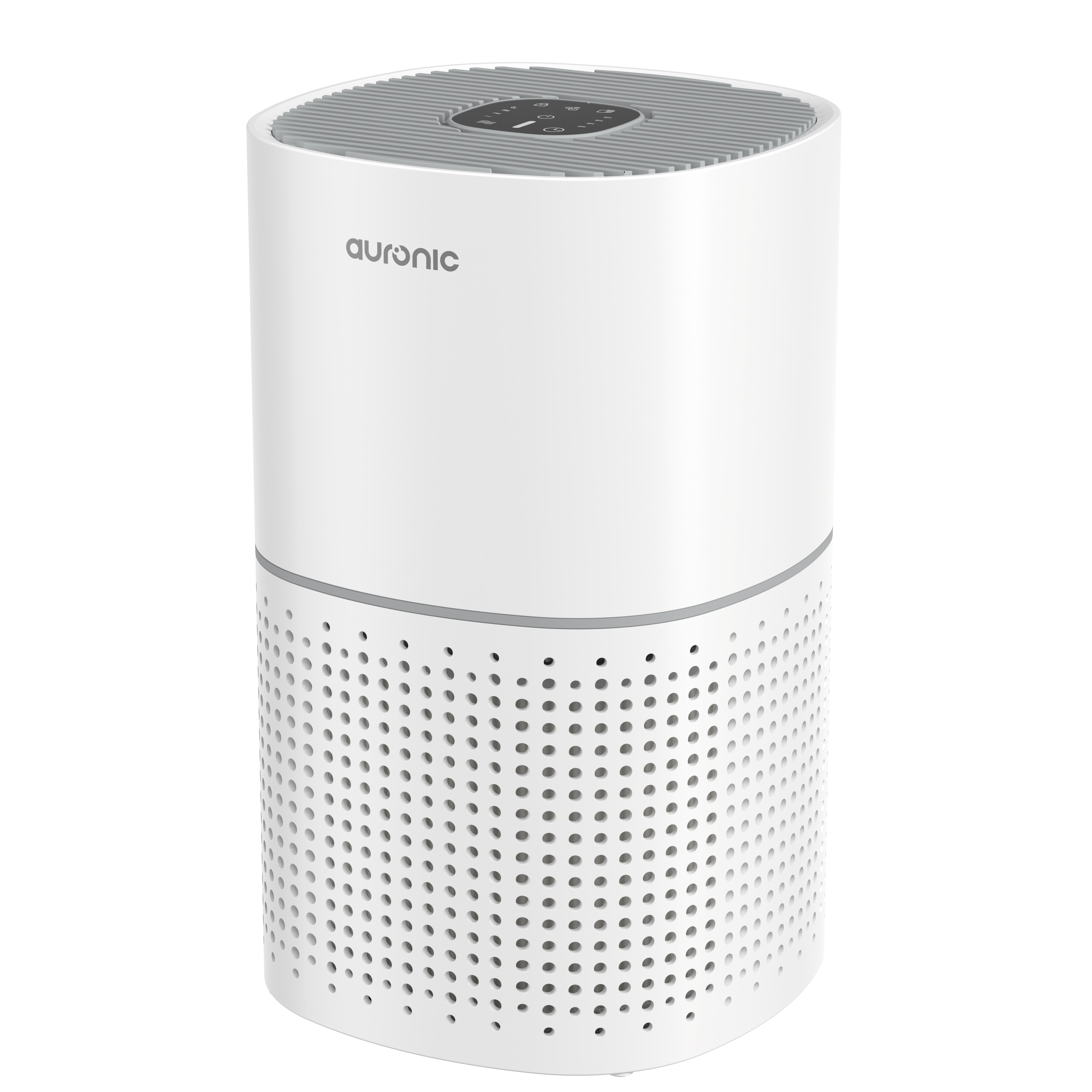 A white air purifier with a silver grille on top and a perforated body.