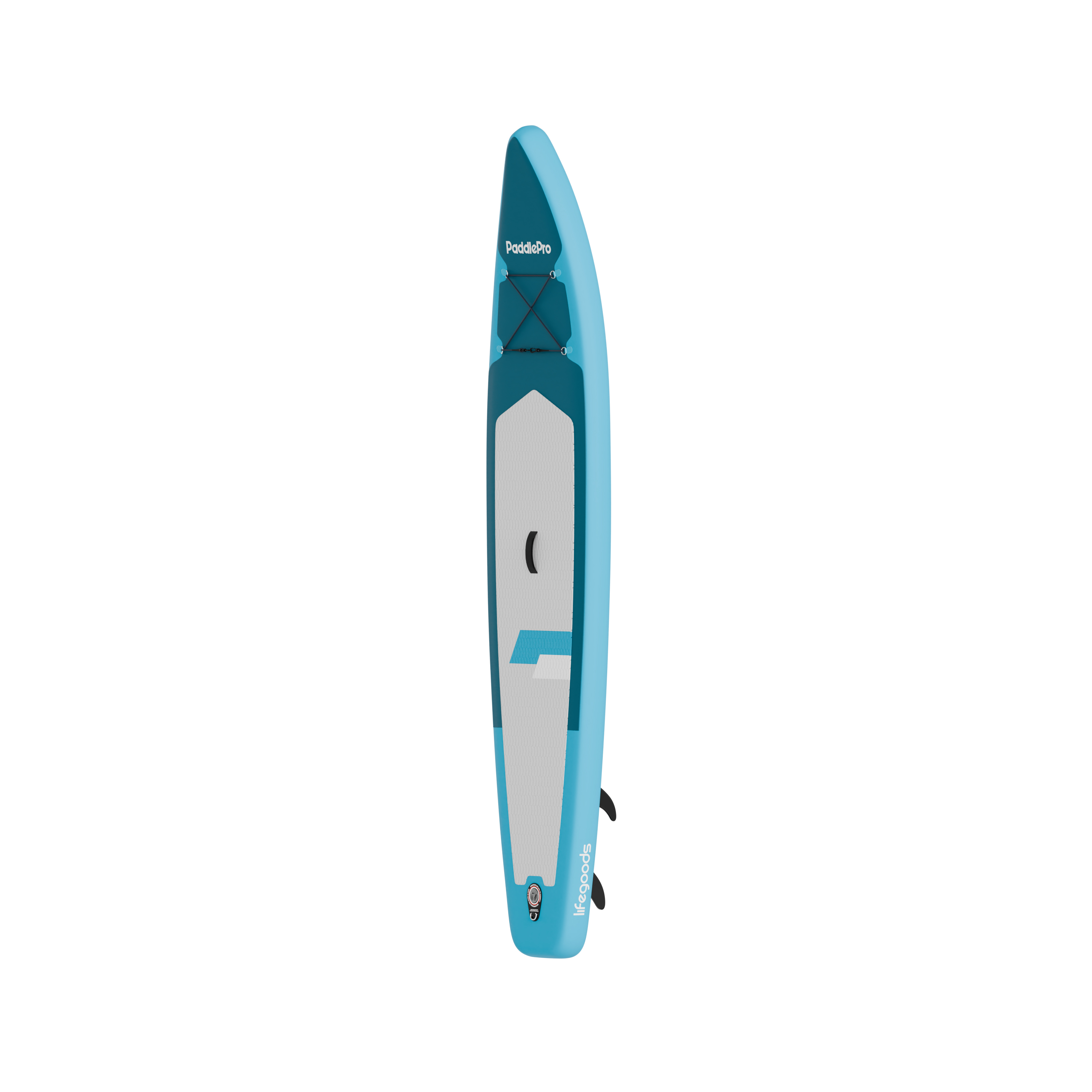 Een blauw stand-up paddleboard met PaddlPro logo en handgrepen.