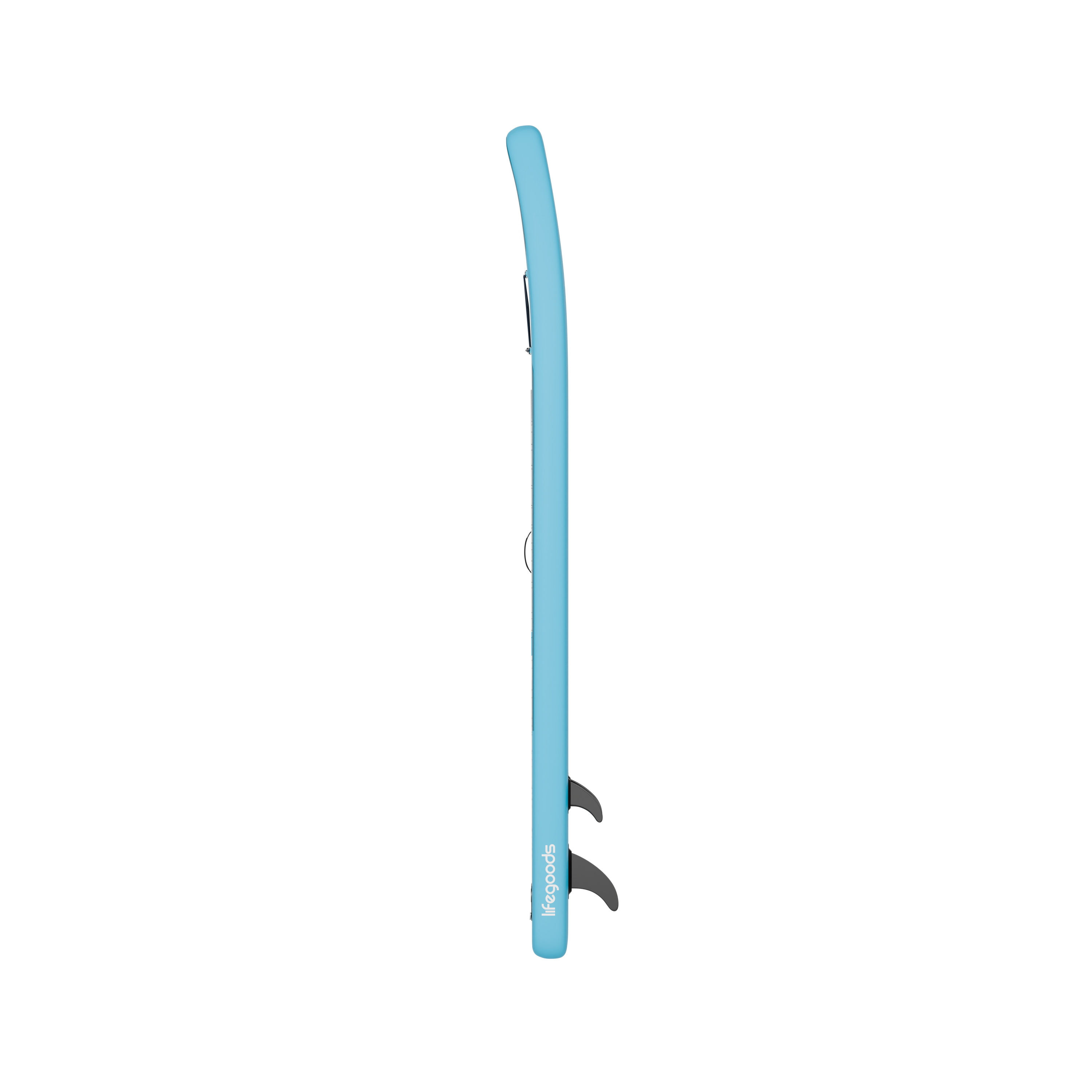 Een blauw surfbord met twee zwarte vinnen en het Lifegoods logo.