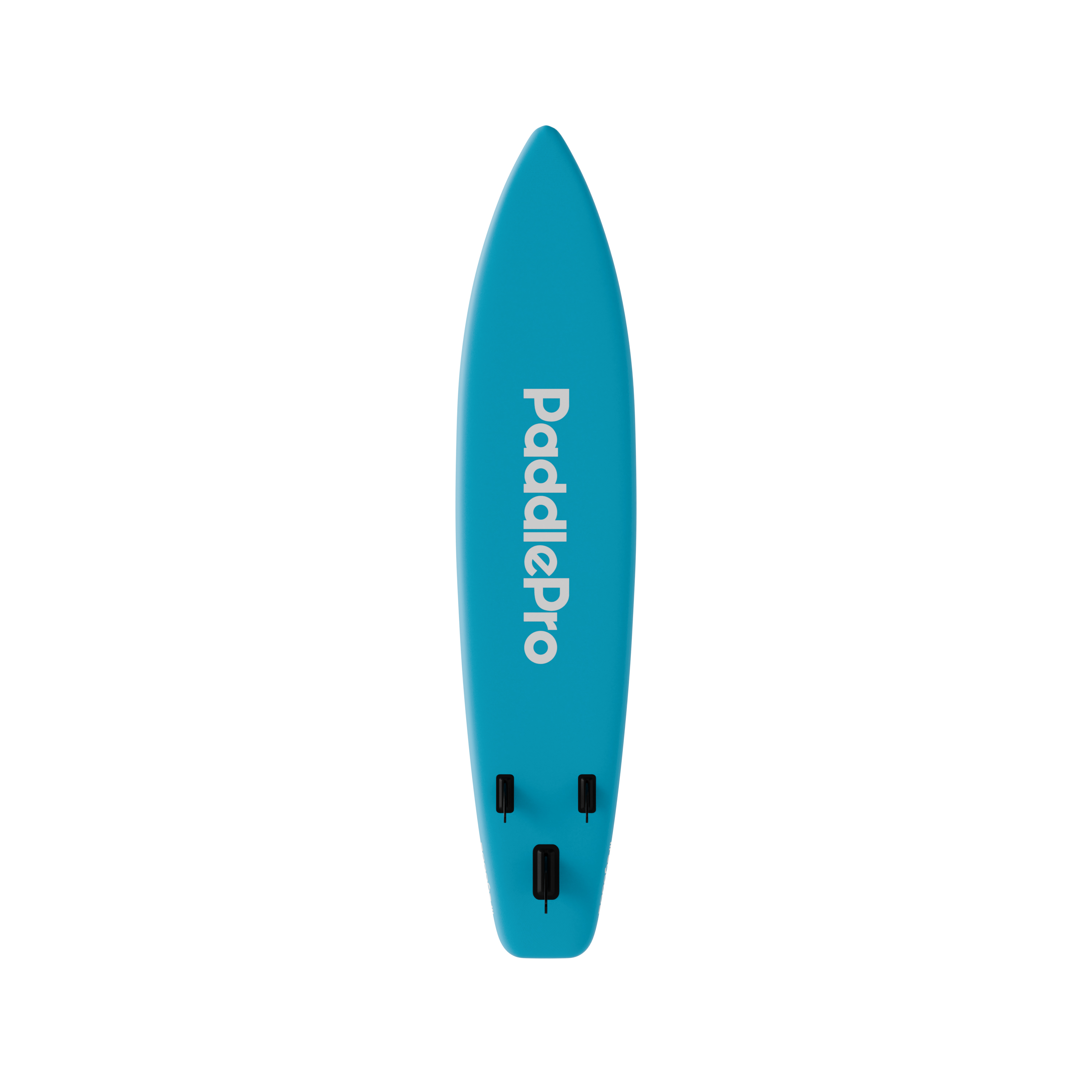 Een blauw paddleboard met zilveren letters.