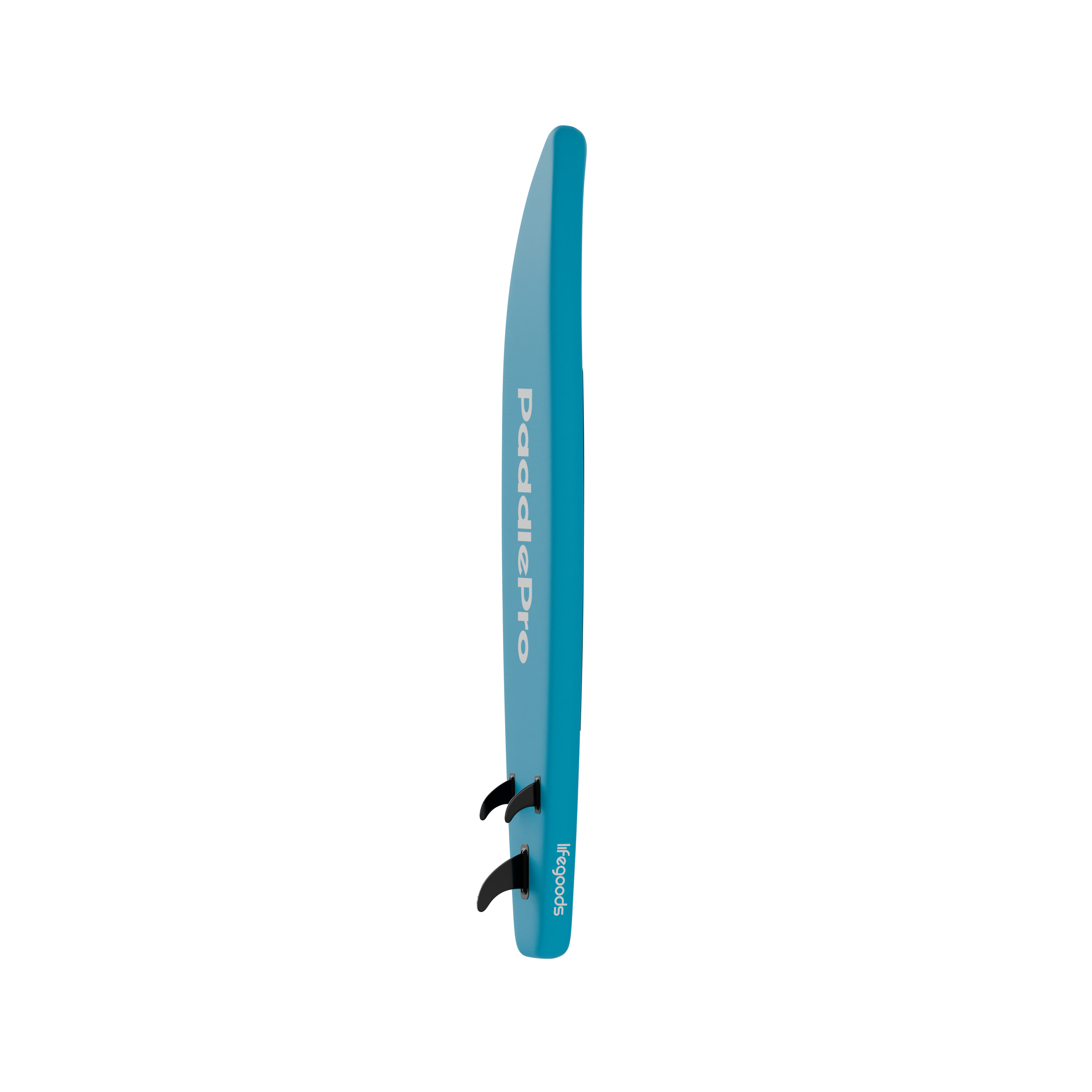 Turquoise paddleboard met twee zwarte vinnen en logo op witte achtergrond.