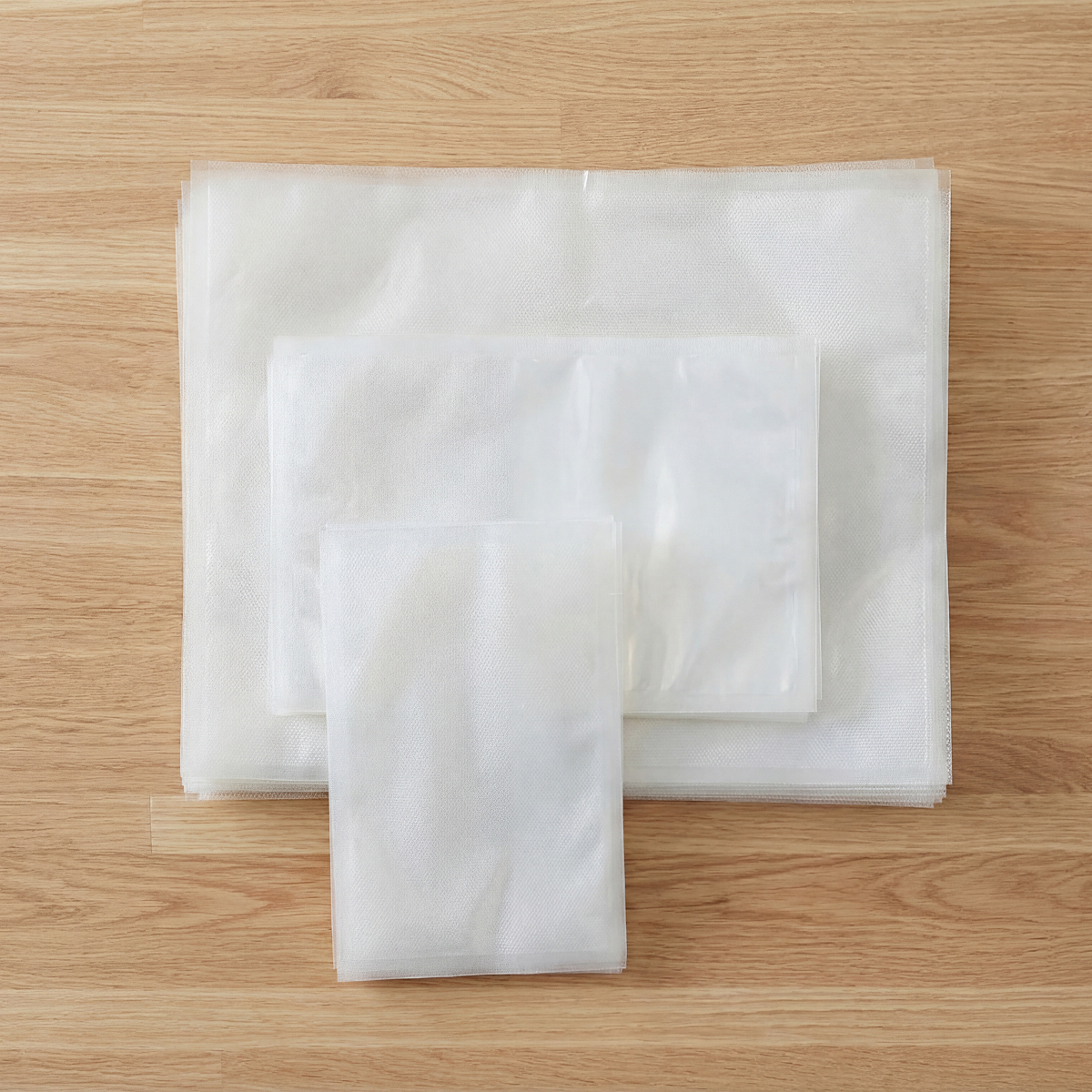 Three white vacuum seal bags of varying sizes are laid on a wooden surface.