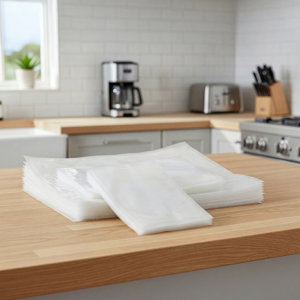 Stack of clear vacuum seal bags on a wooden surface with kitchen appliances in background.
