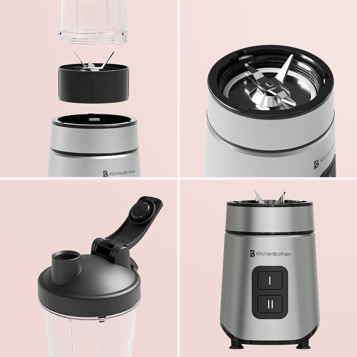 Een zilveren blender met afneembare onderdelen: mes, kan en deksel.