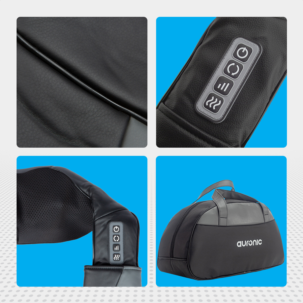 Close-up of a black massage device with control buttons and a carrying bag.