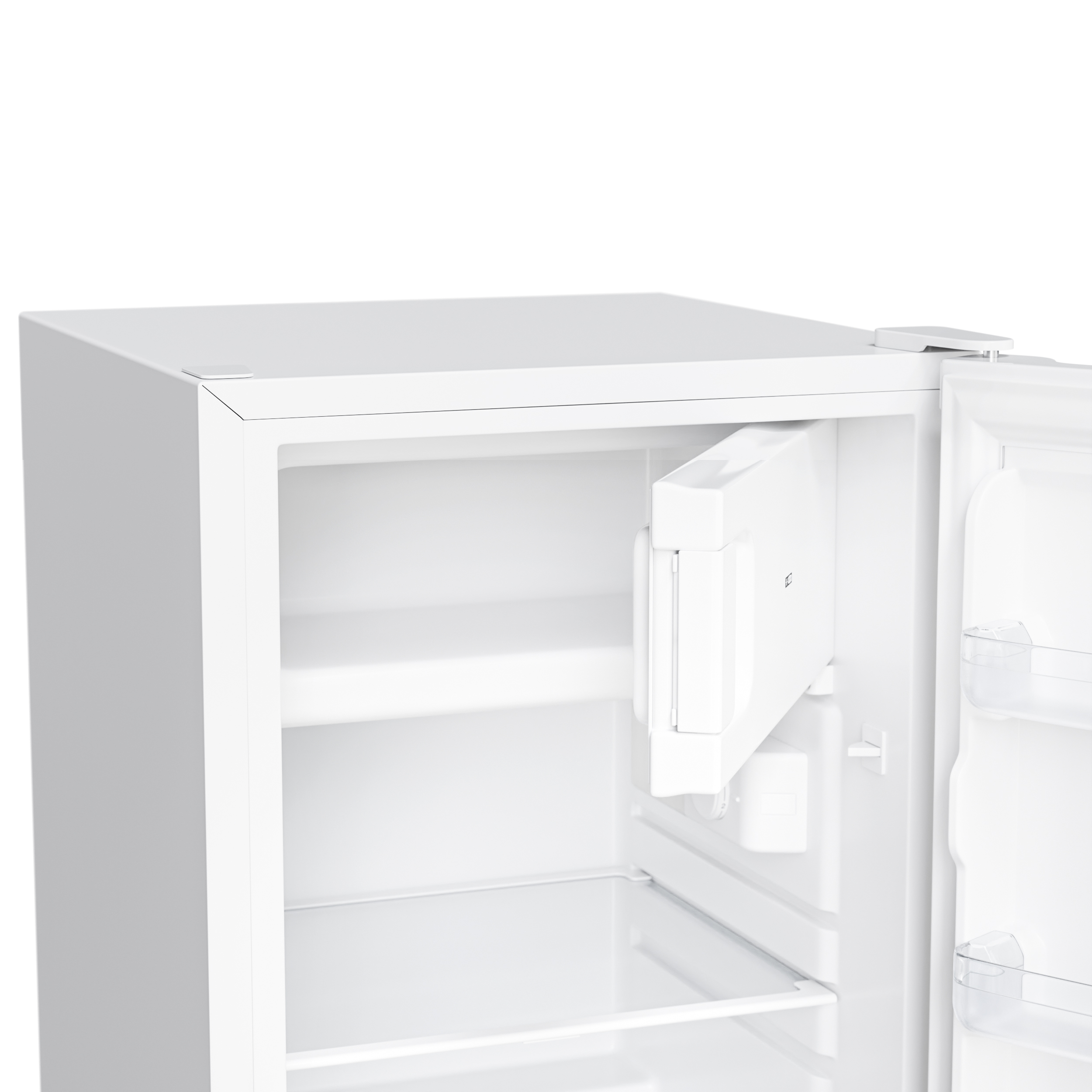 Un réfrigérateur blanc avec compartiment ouvert et étagère en verre.