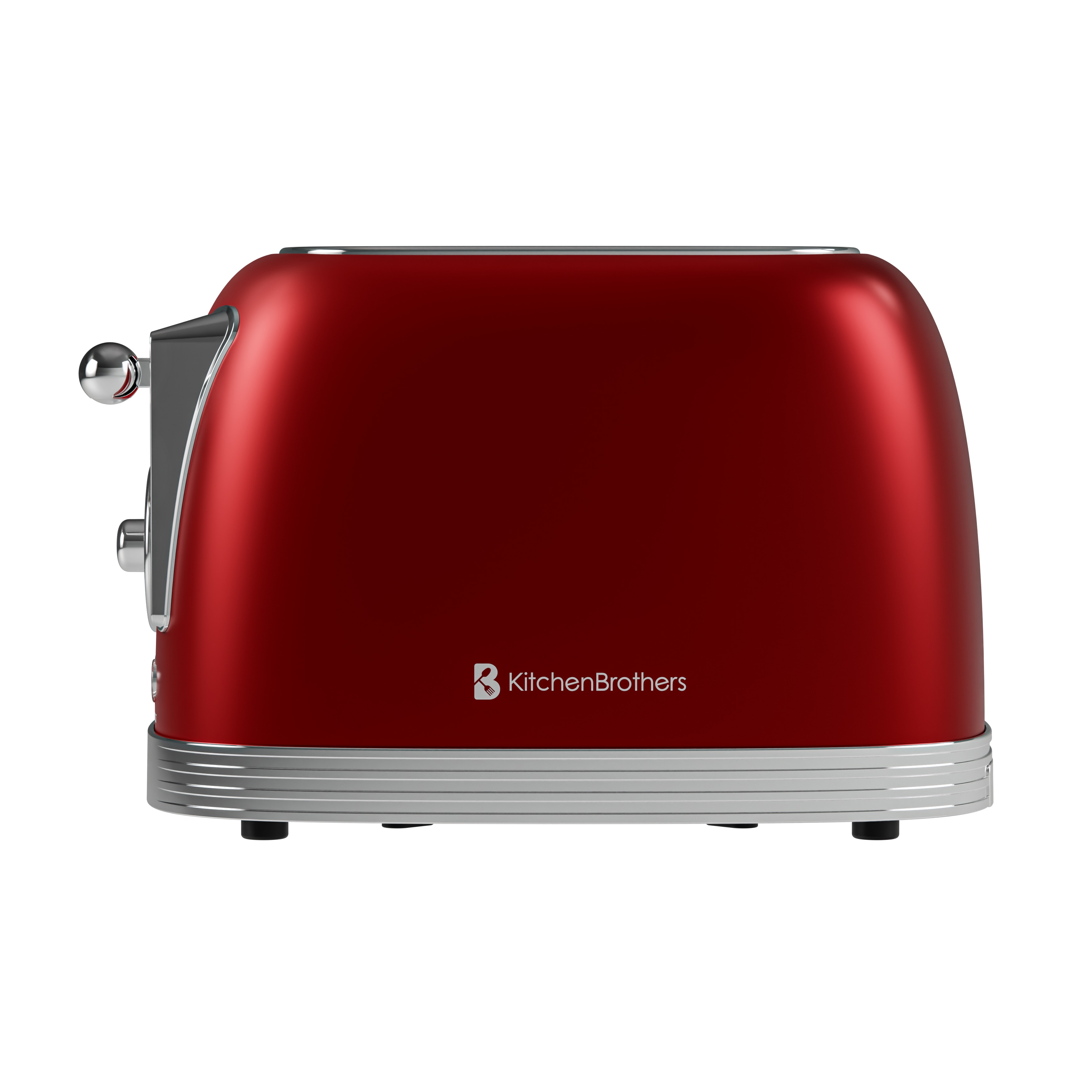 Een rode broodrooster met chromen accenten en het KitchenBrothers logo.