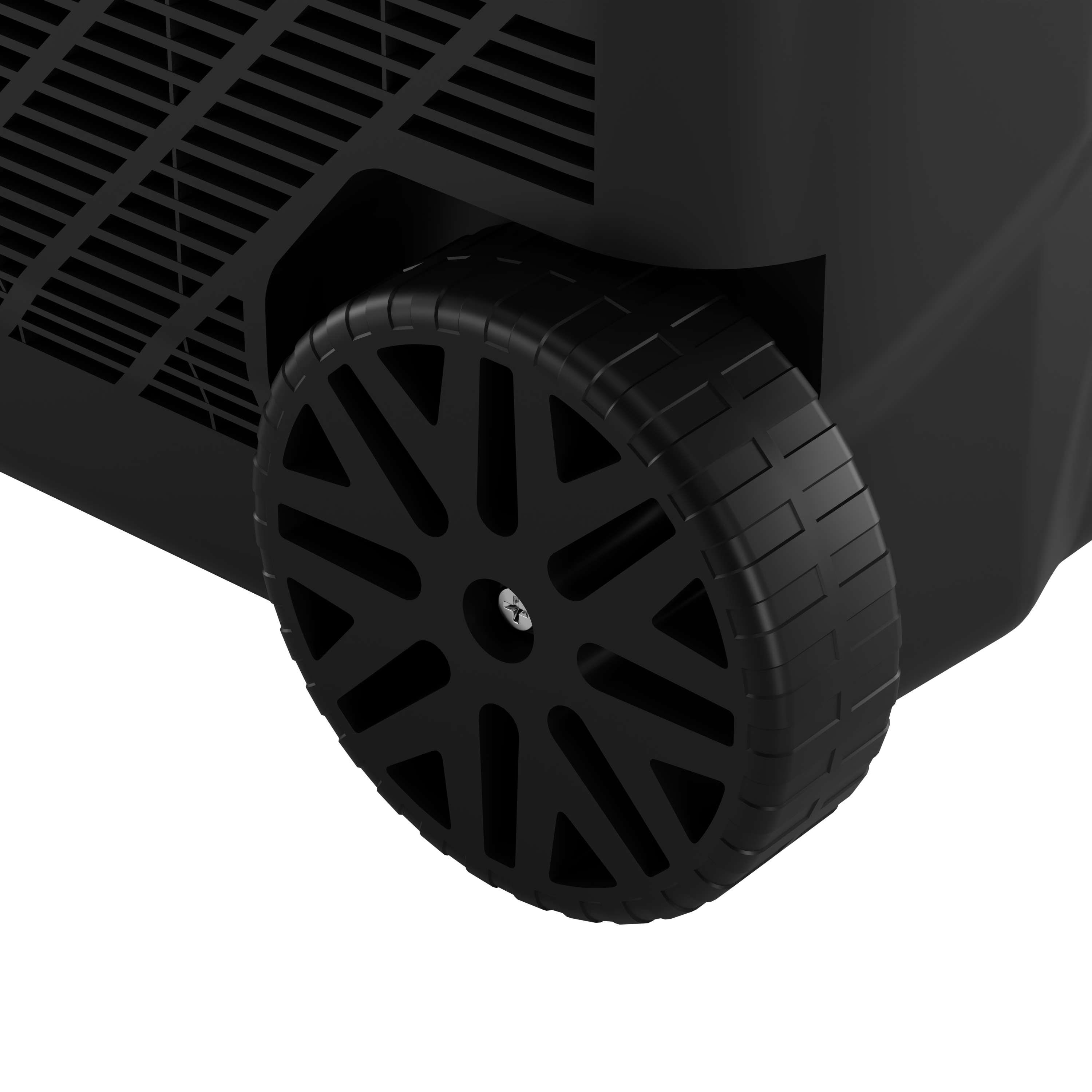 Close-up van een zwart wiel met spaken en een ventilatierooster.