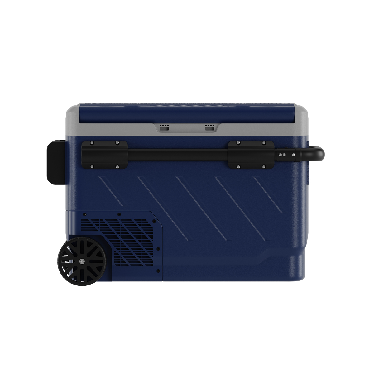 Een blauwe koelbox met grijze deksel, zwart handvat en een zwart wiel.