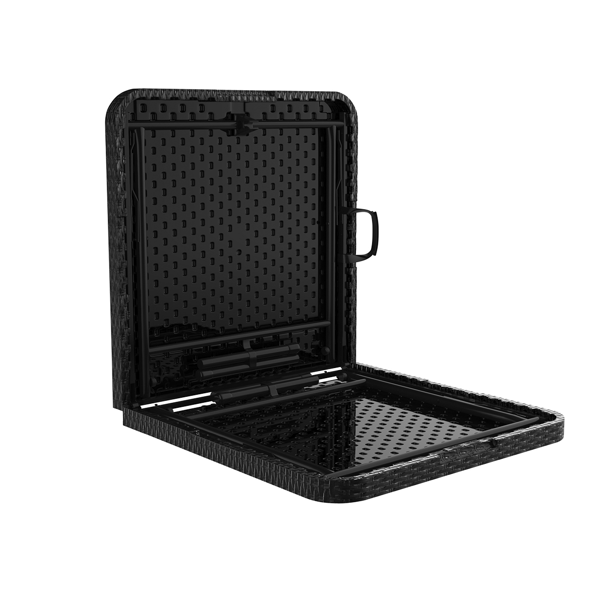 Een zwarte klaptafel met gevlochten patroon, half open.