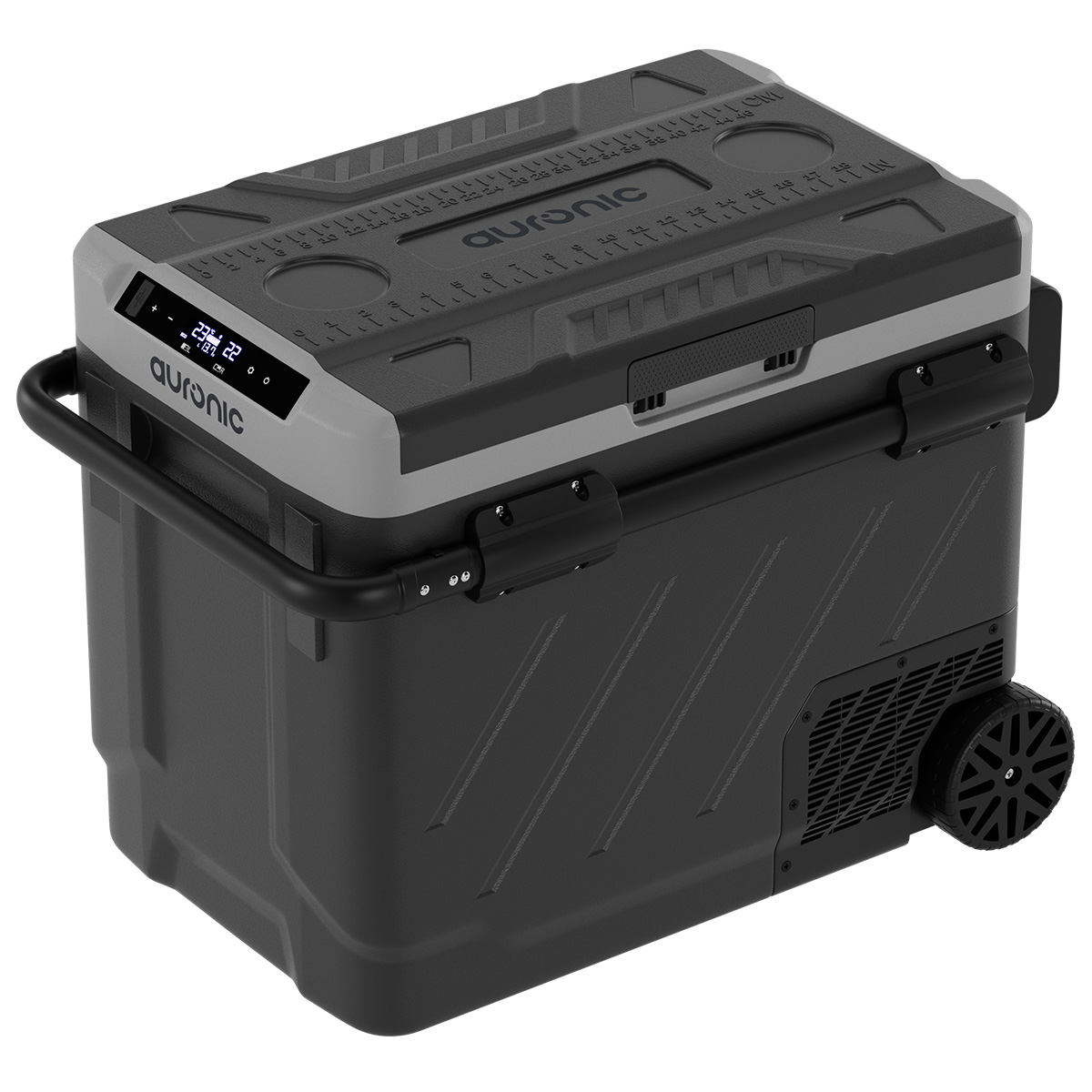 Zwarte draagbare koelbox met wielen, handvat en digitaal display.