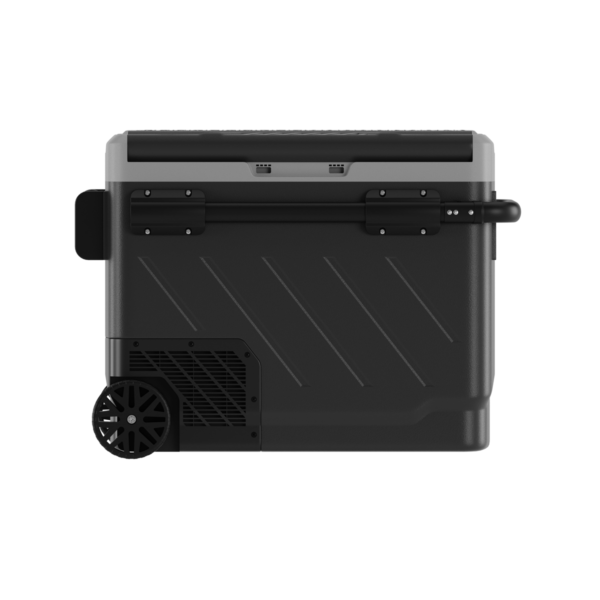 Zwarte draagbare koelbox met wielen, handvatten en ventilatieroosters.