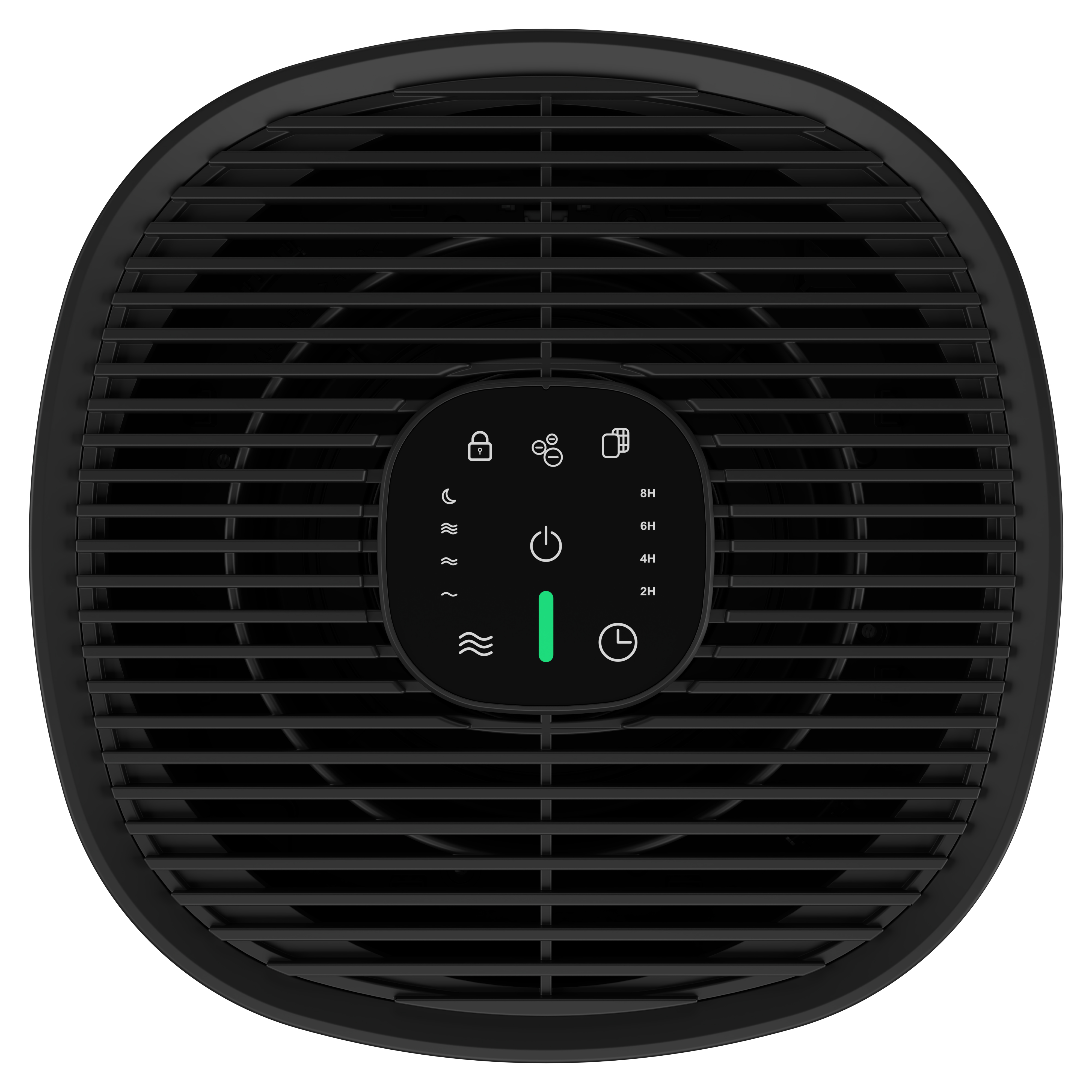 Black air purifier with a grille and control panel with icons and timer settings.