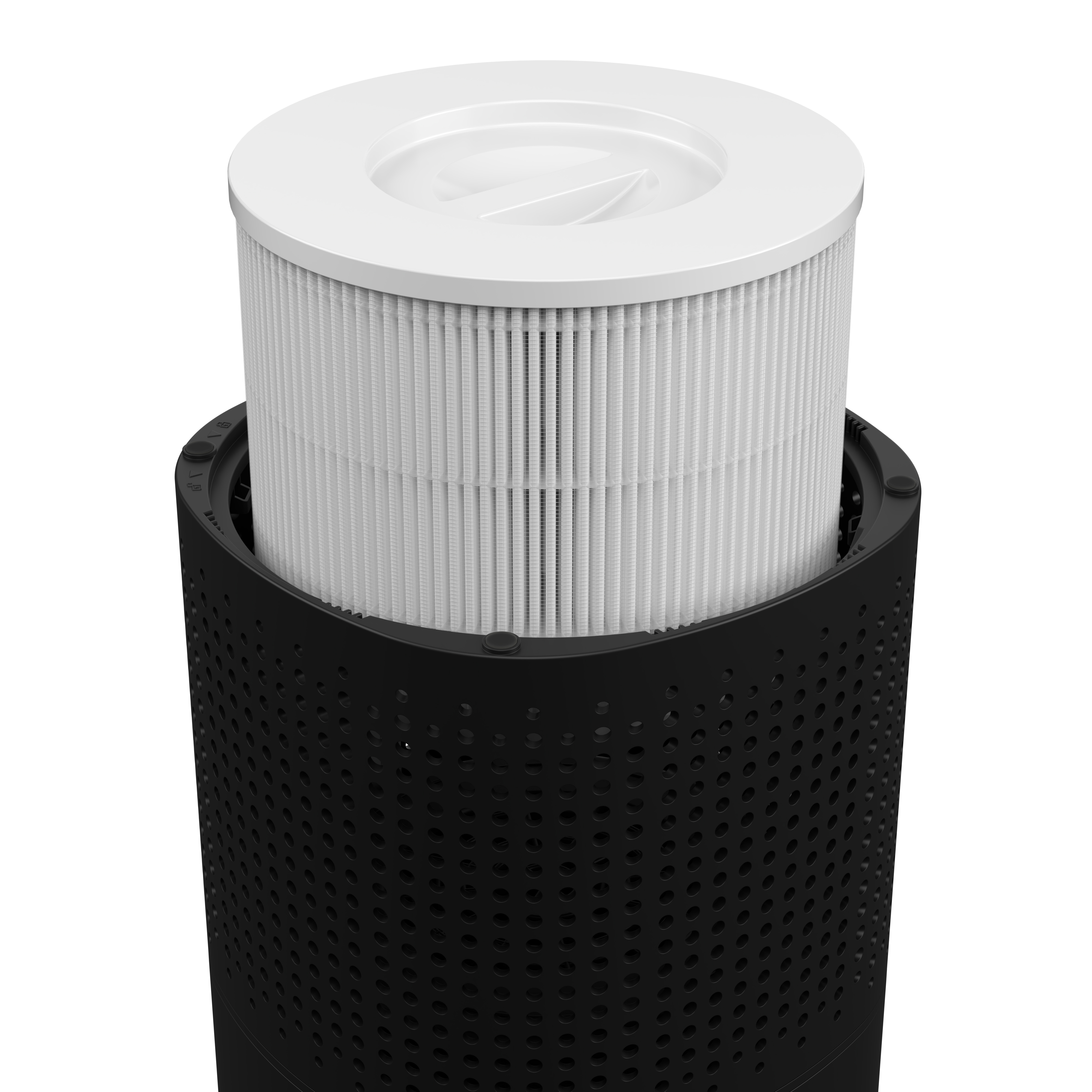 A white filter protrudes from a black perforated housing.