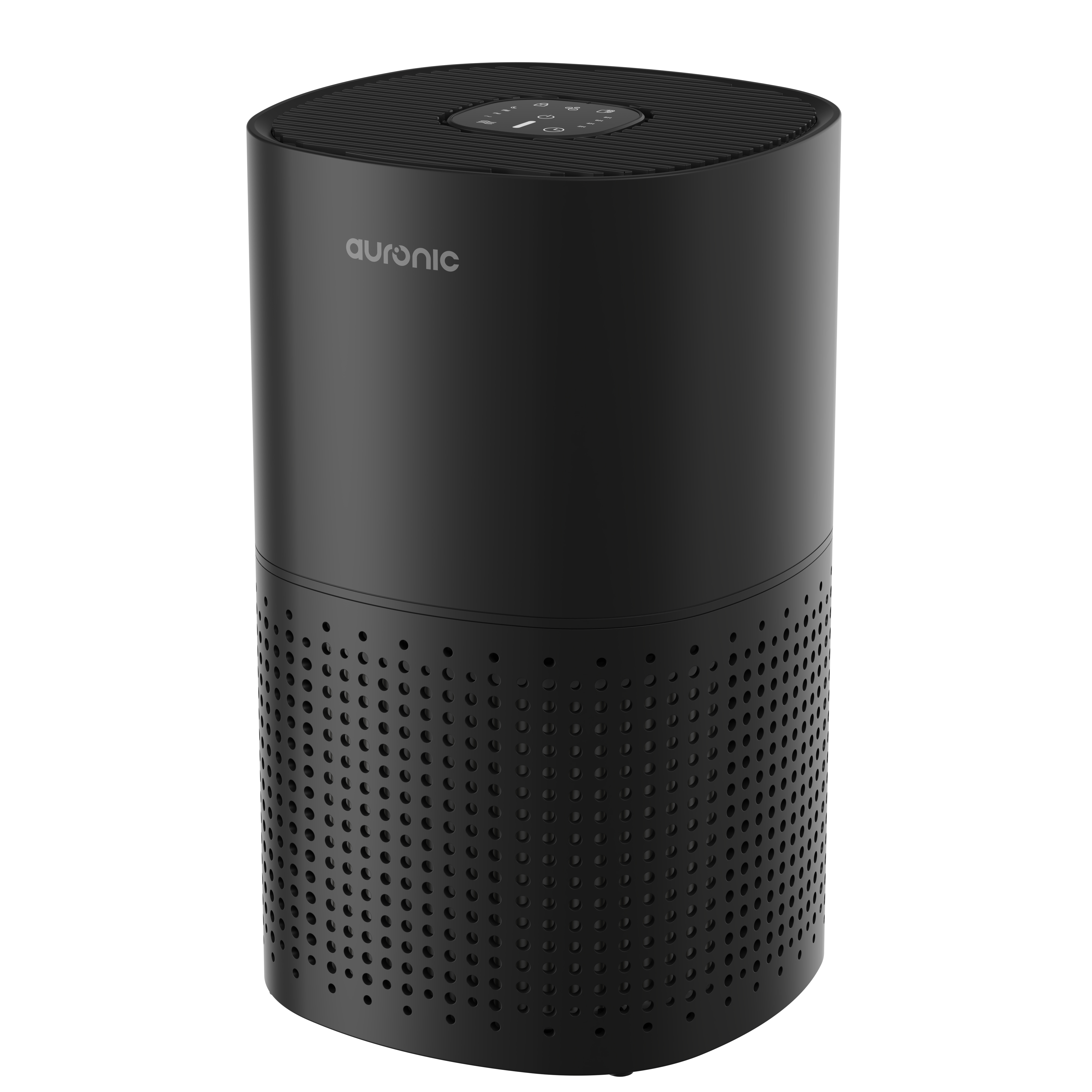 Black cylindrical air purifier with a perforated base and a control panel on top.