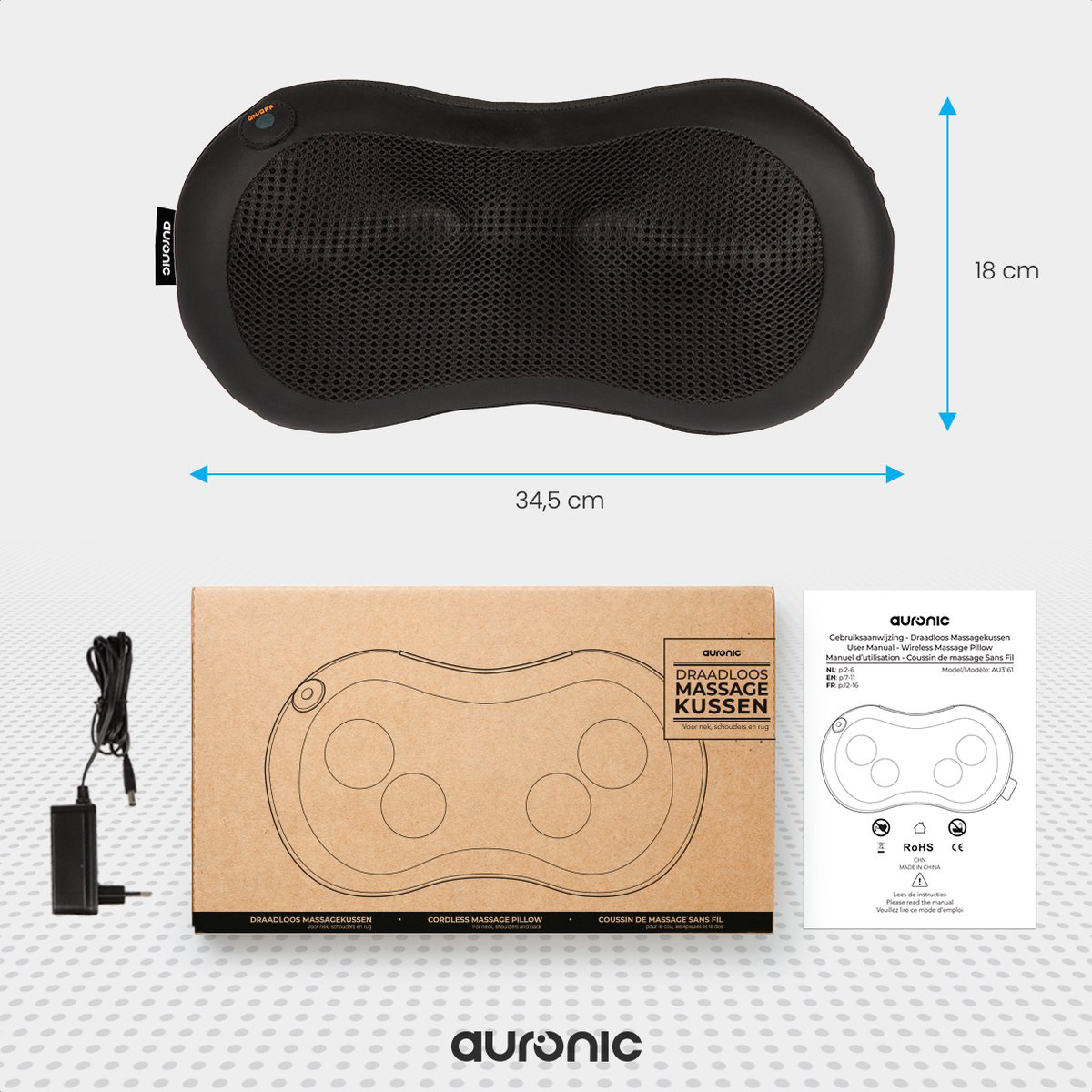 Black massage pillow with charger and manual. Dimensions: 34.5 x 18 cm.