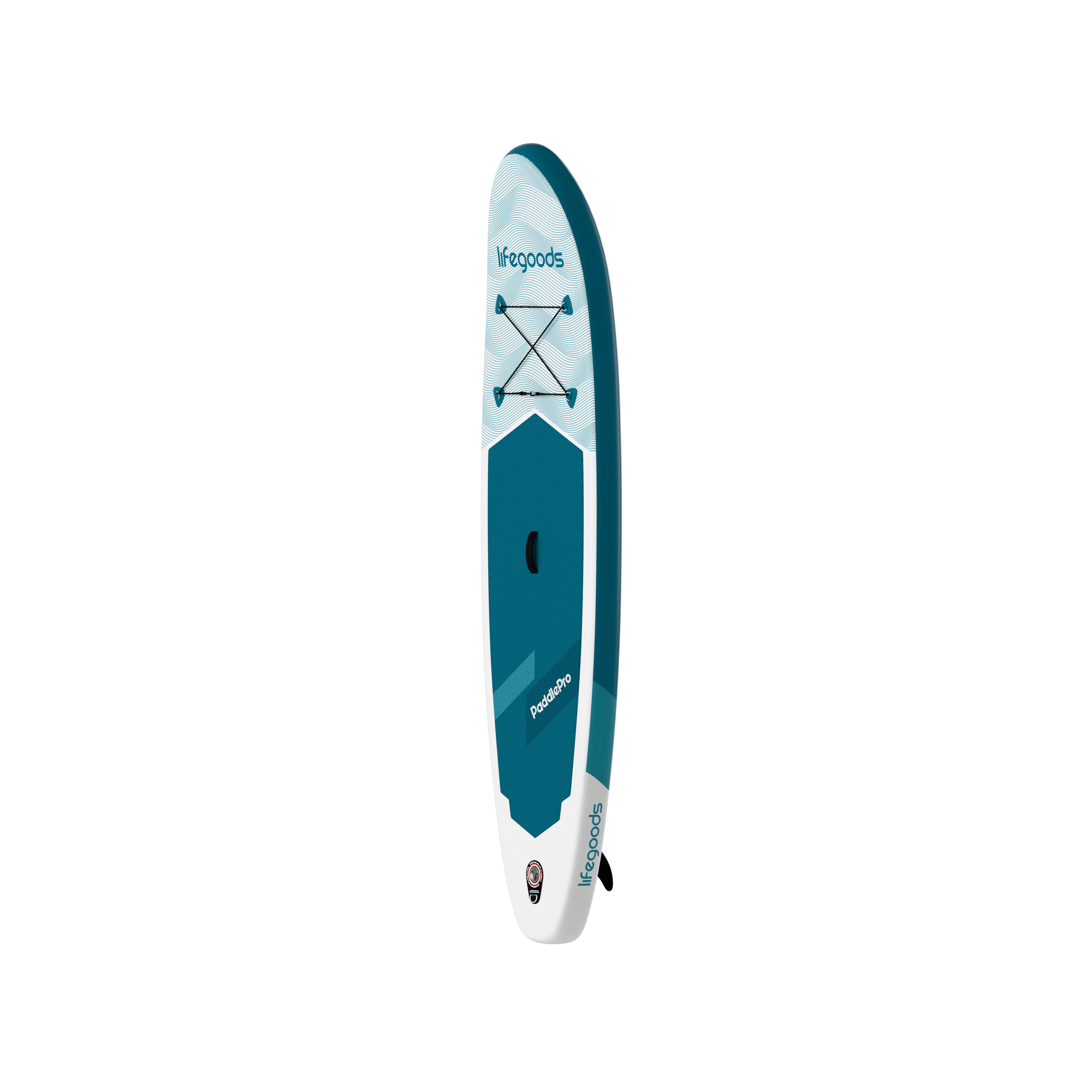A blue paddleboard with white wave patterns and a black bungee cord.