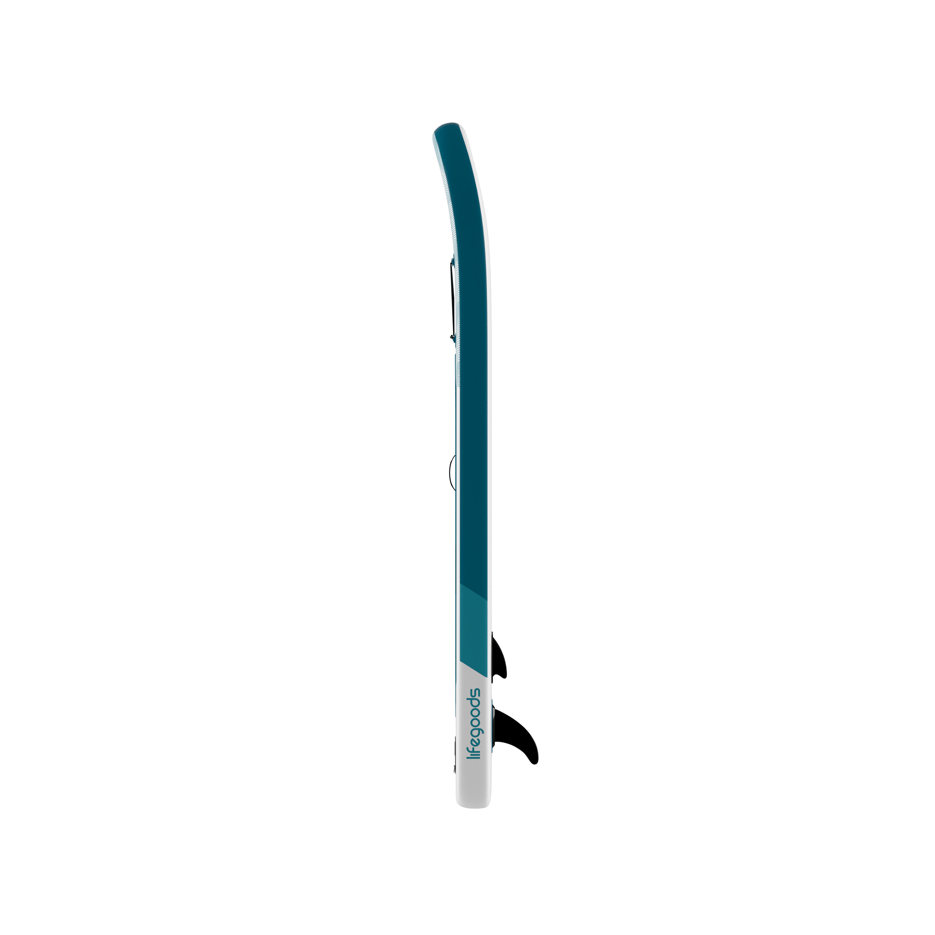 A teal and white stand-up paddleboard with a black fin.