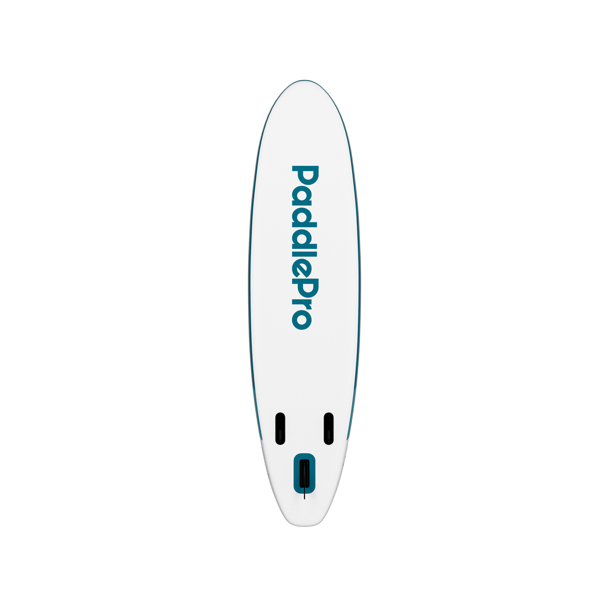 A white paddleboard with a blue edge and 'PaddlePro' logo.