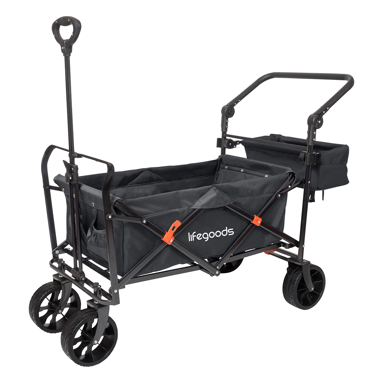 A black folding outdoor wagon with two handles and four wheels.