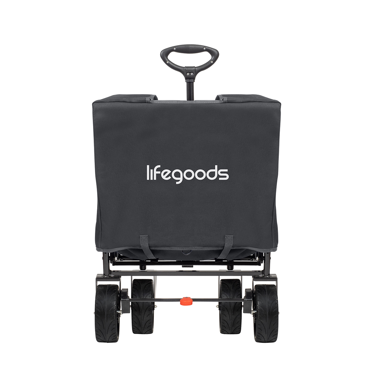 A dark gray foldable wagon with a black handle and four black wheels.