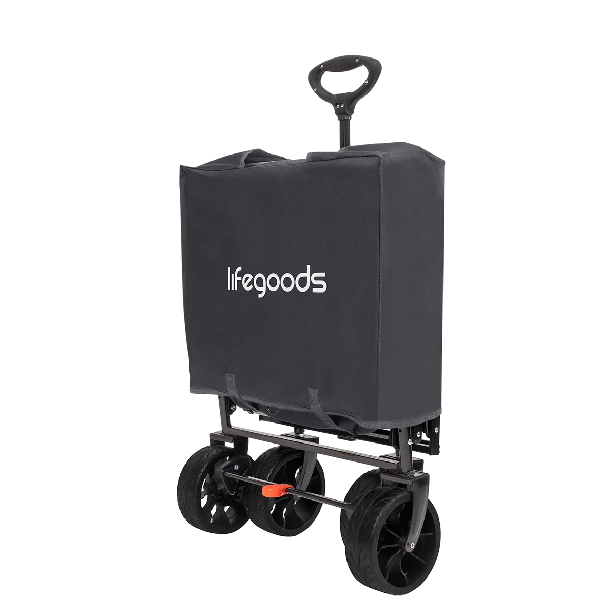 A gray foldable wagon with a telescopic handle and four wheels.