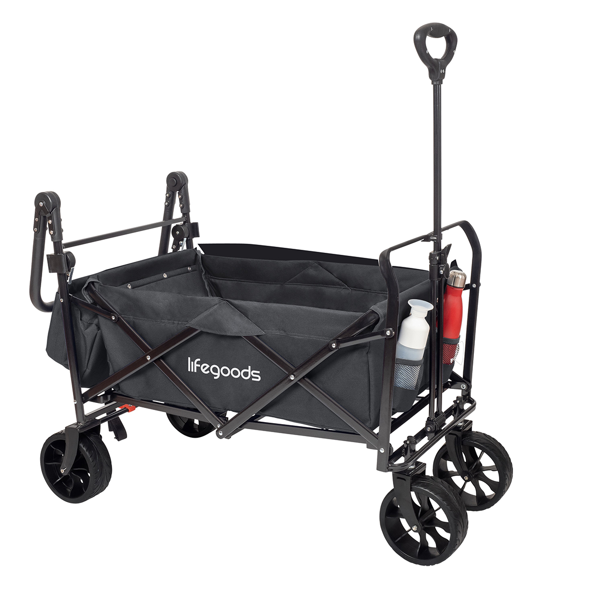 Dark gray collapsible wagon with four wheels, extendable handle, two bottle holders.