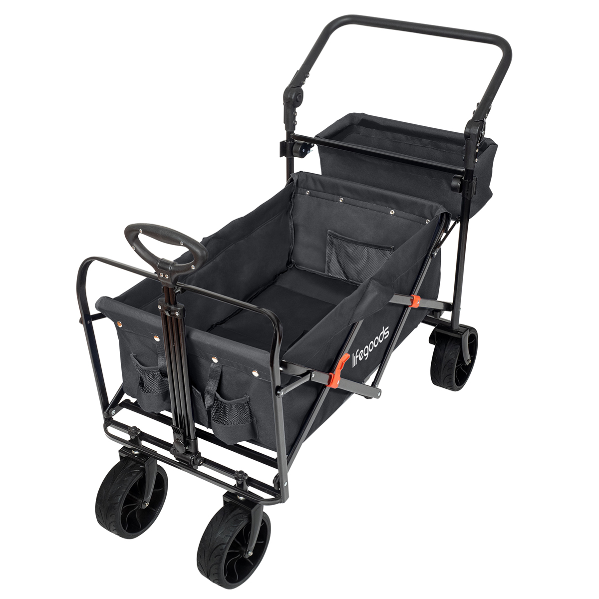 A black folding wagon with a handle, storage basket, and four wheels.