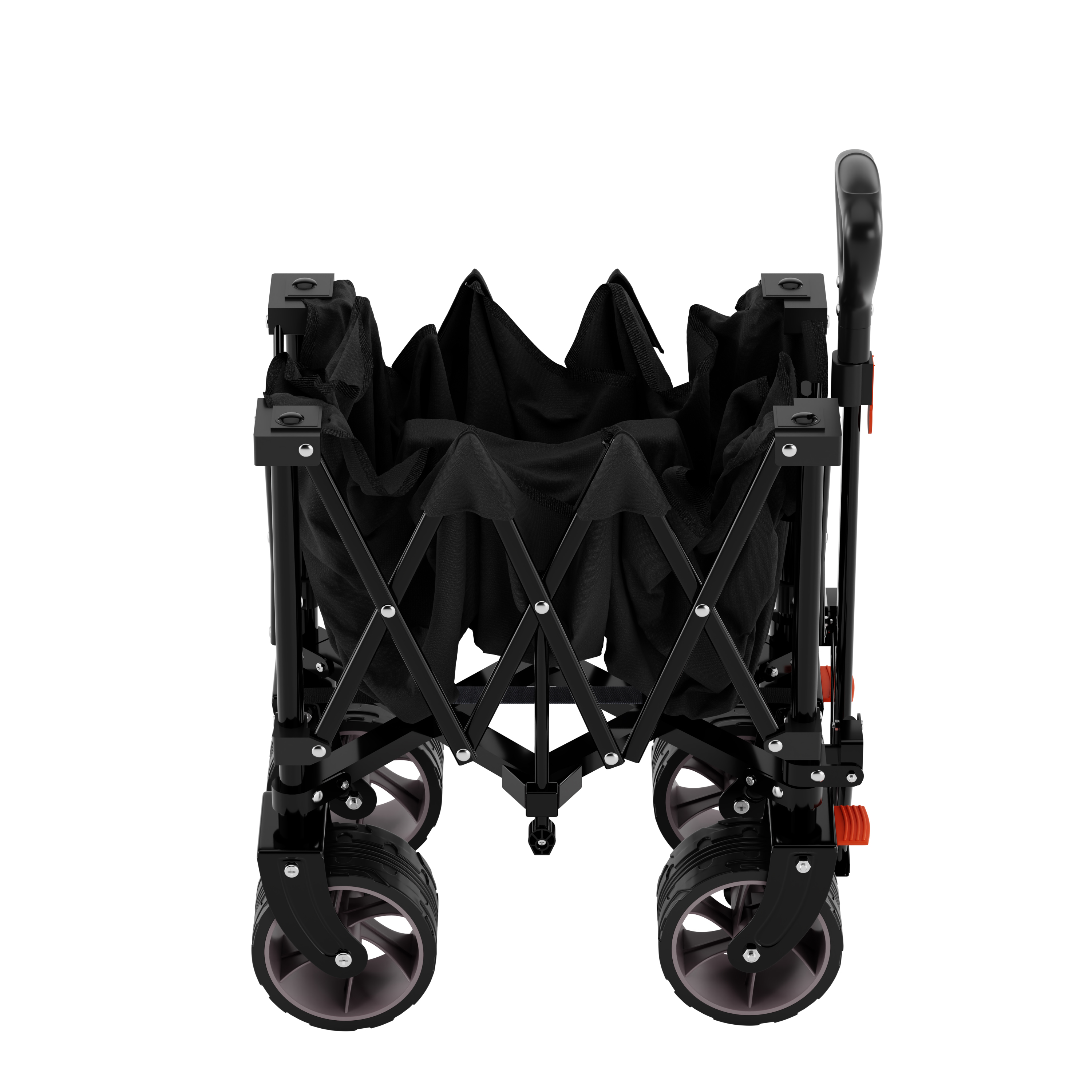 Black collapsible wagon with fabric bag and four wheels, white background.