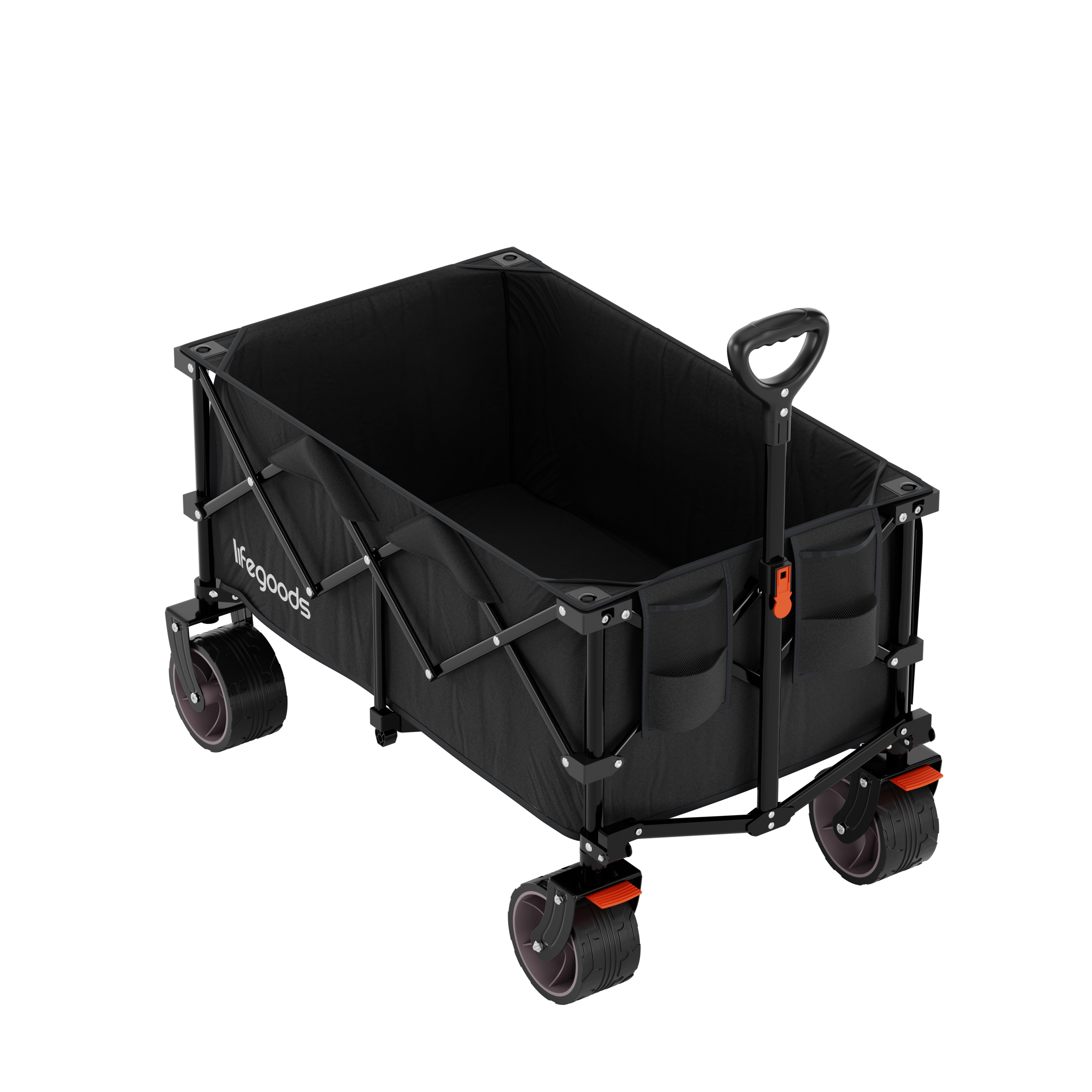 A black folding wagon with a handle and wheels.