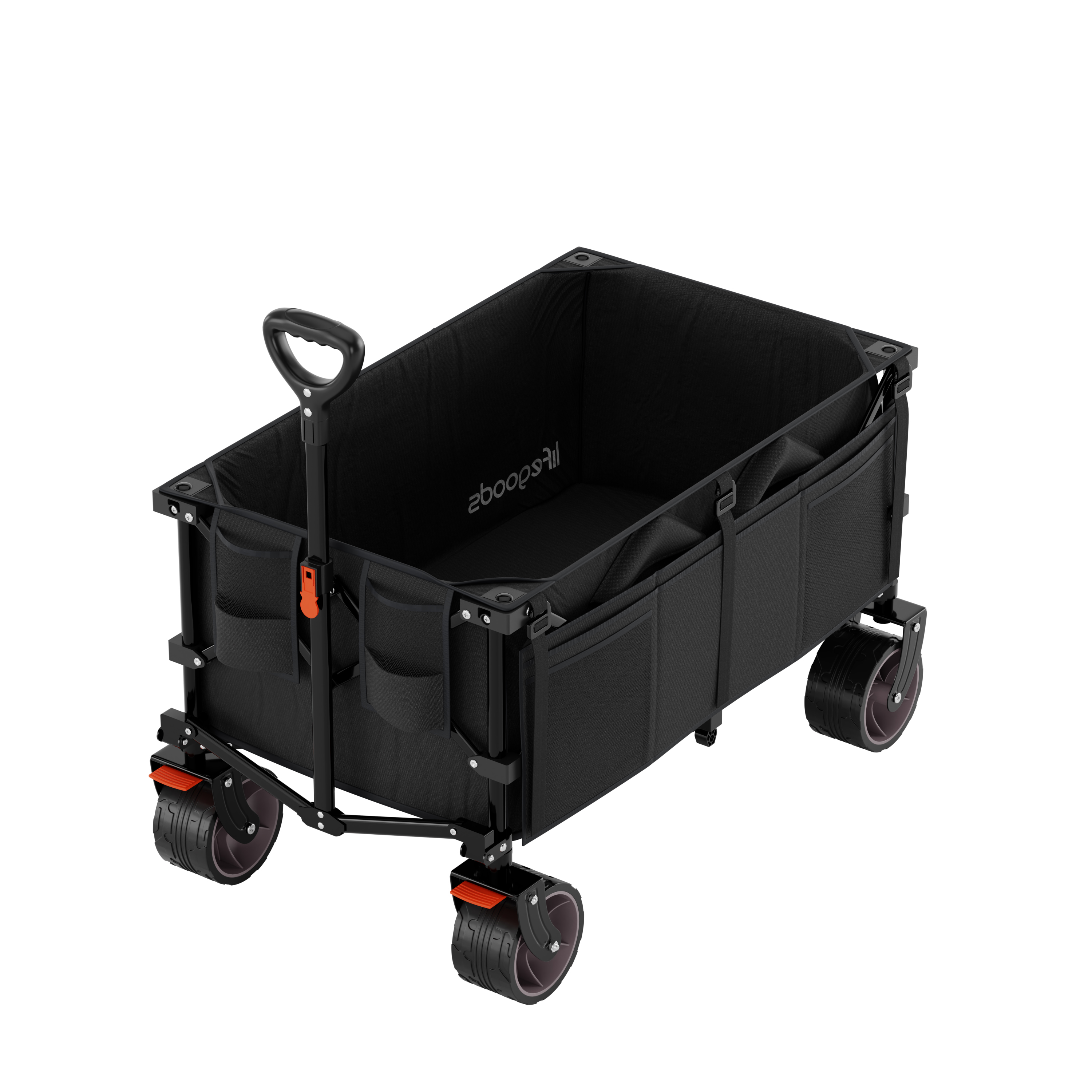 Black folding wagon with black handle and wheels.