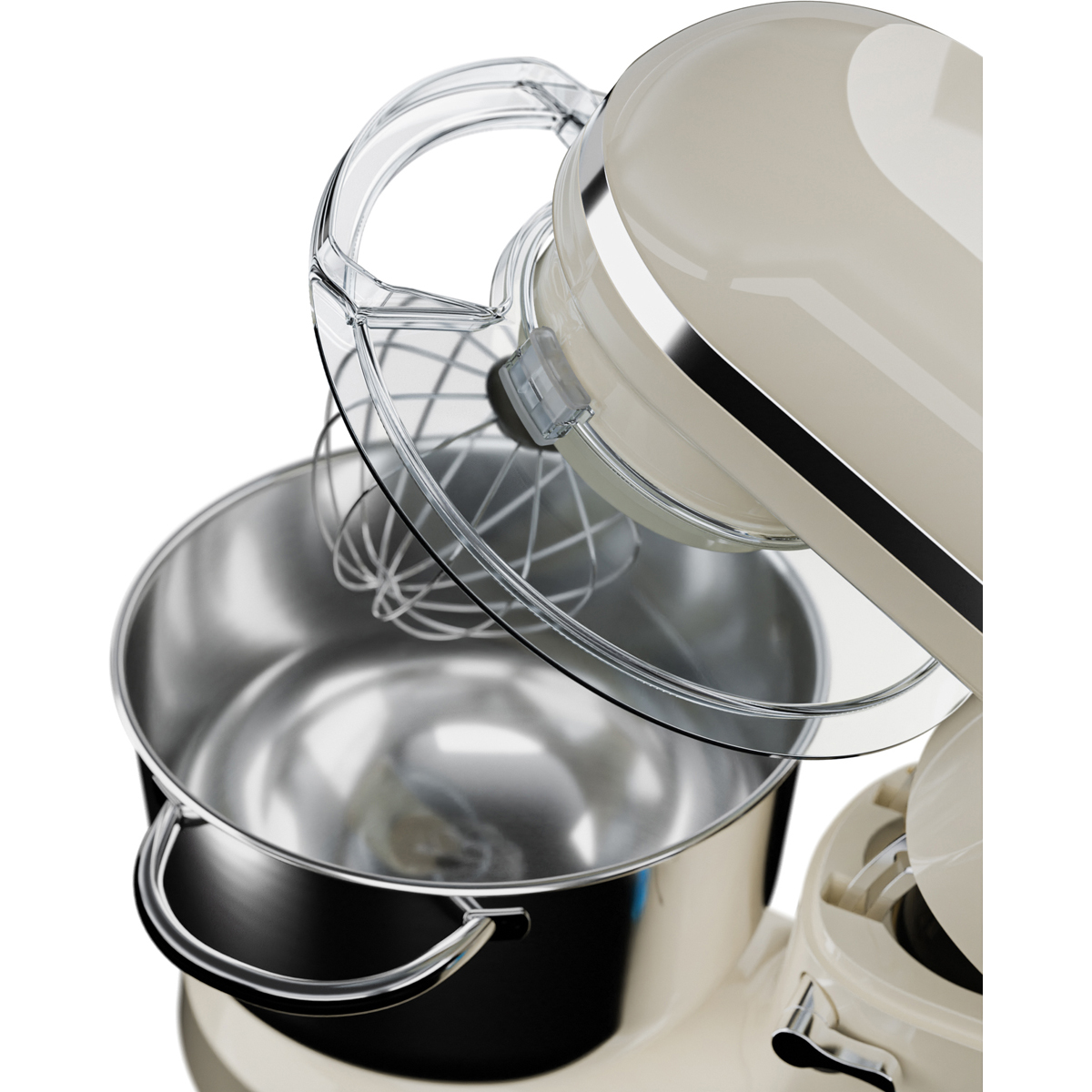 Een crème kleurige standmixer met roestvrijstalen kom en garde.