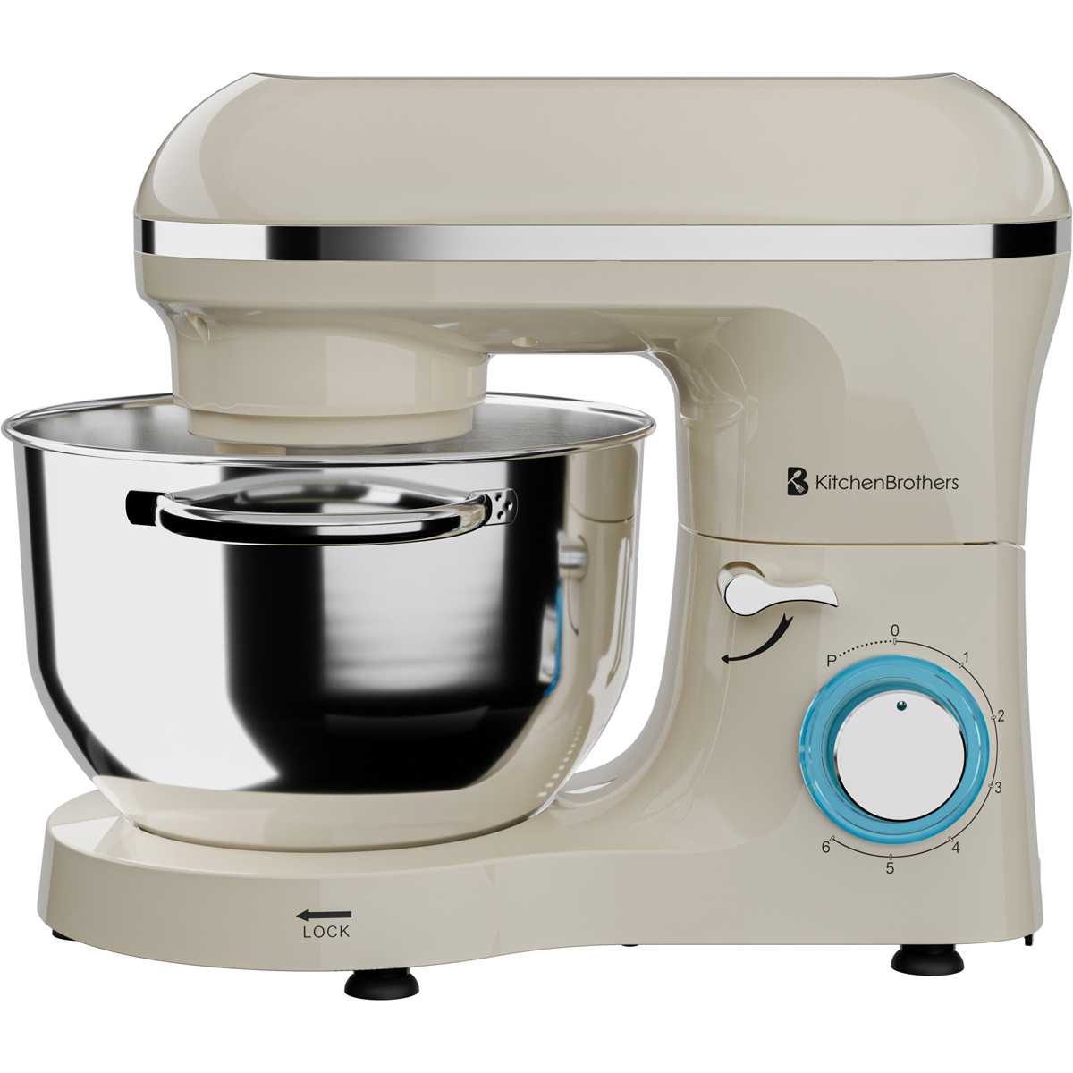 Een crèmekleurige KitchenBrothers standmixer met een zilveren kom en blauwe accenten.