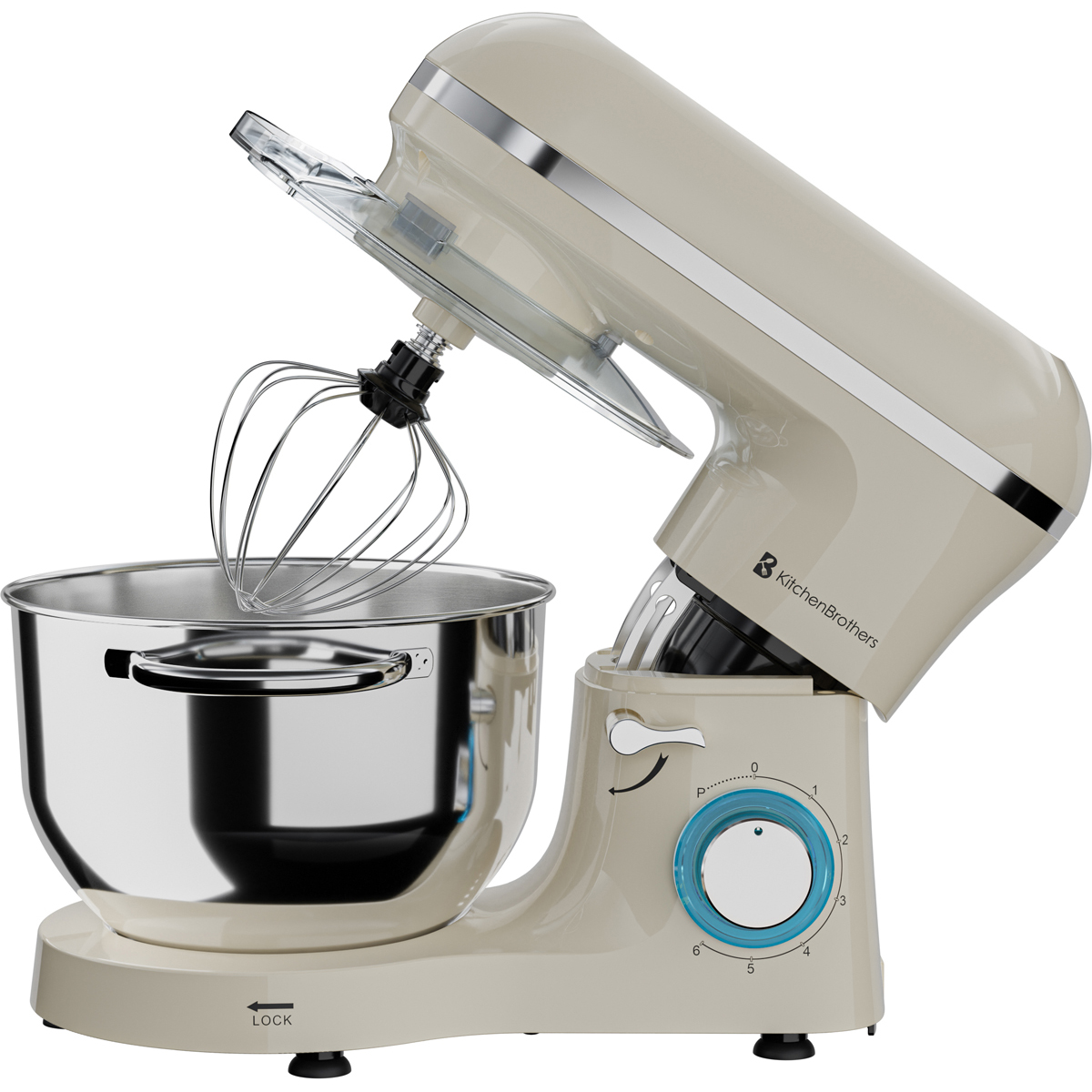 Een crèmekleurige standmixer met zilveren kom en garde.