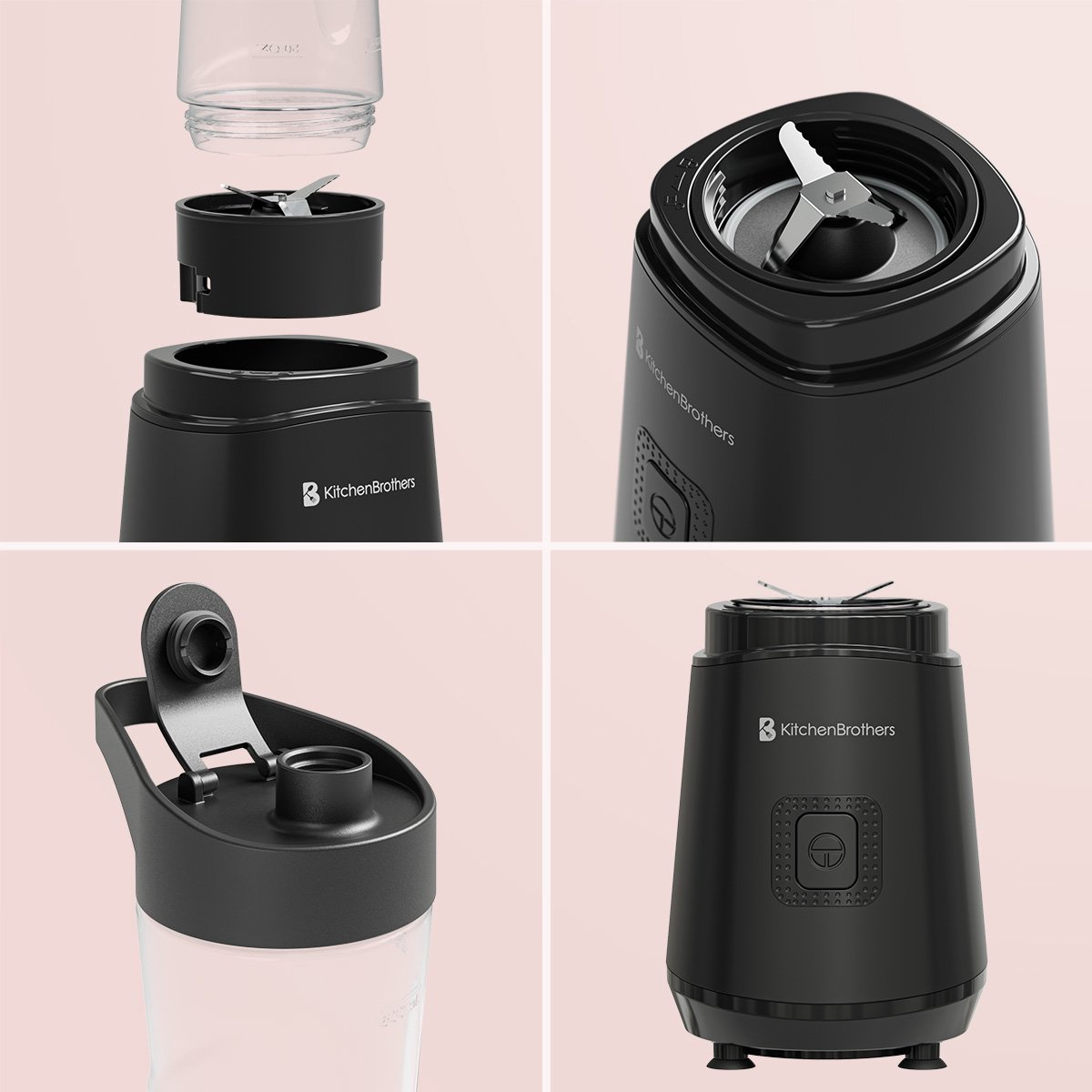 Een zwarte blender met afneembare onderdelen, messen en een deksel.