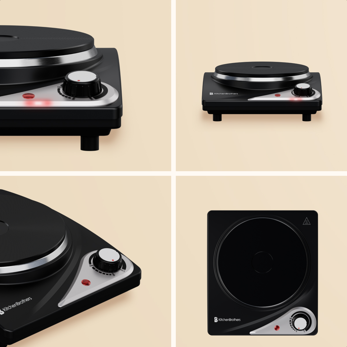 Black hot plate with silver dial and red indicator light.