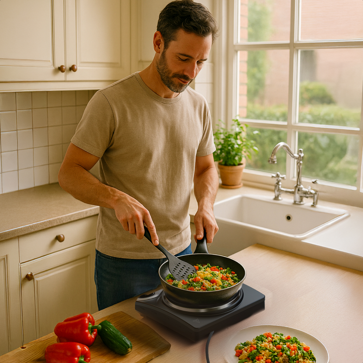 A man cooks vegetables in a frying pan on a portable burner in a kitchen.