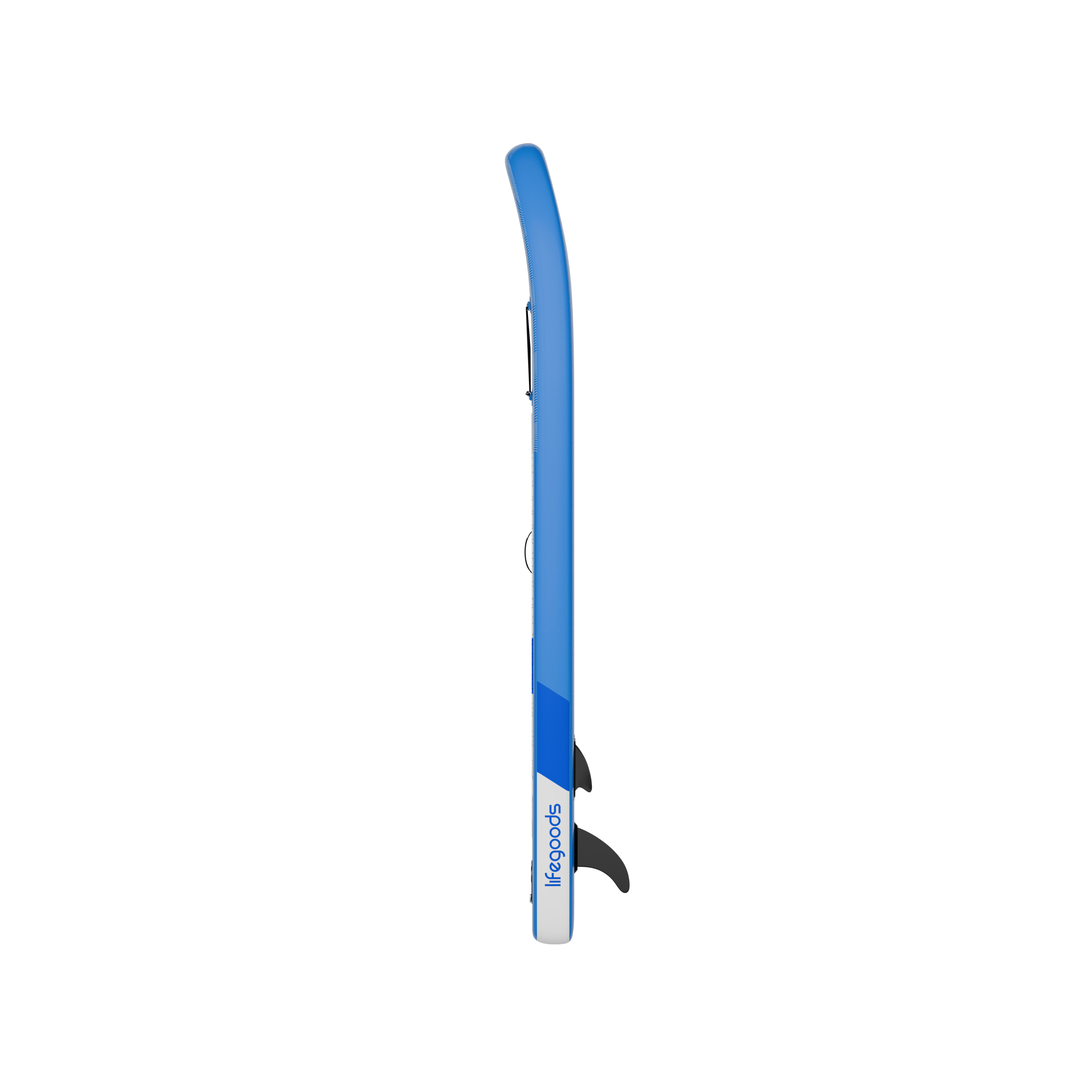 Een blauw paddleboard met witte streep en zwarte vin.