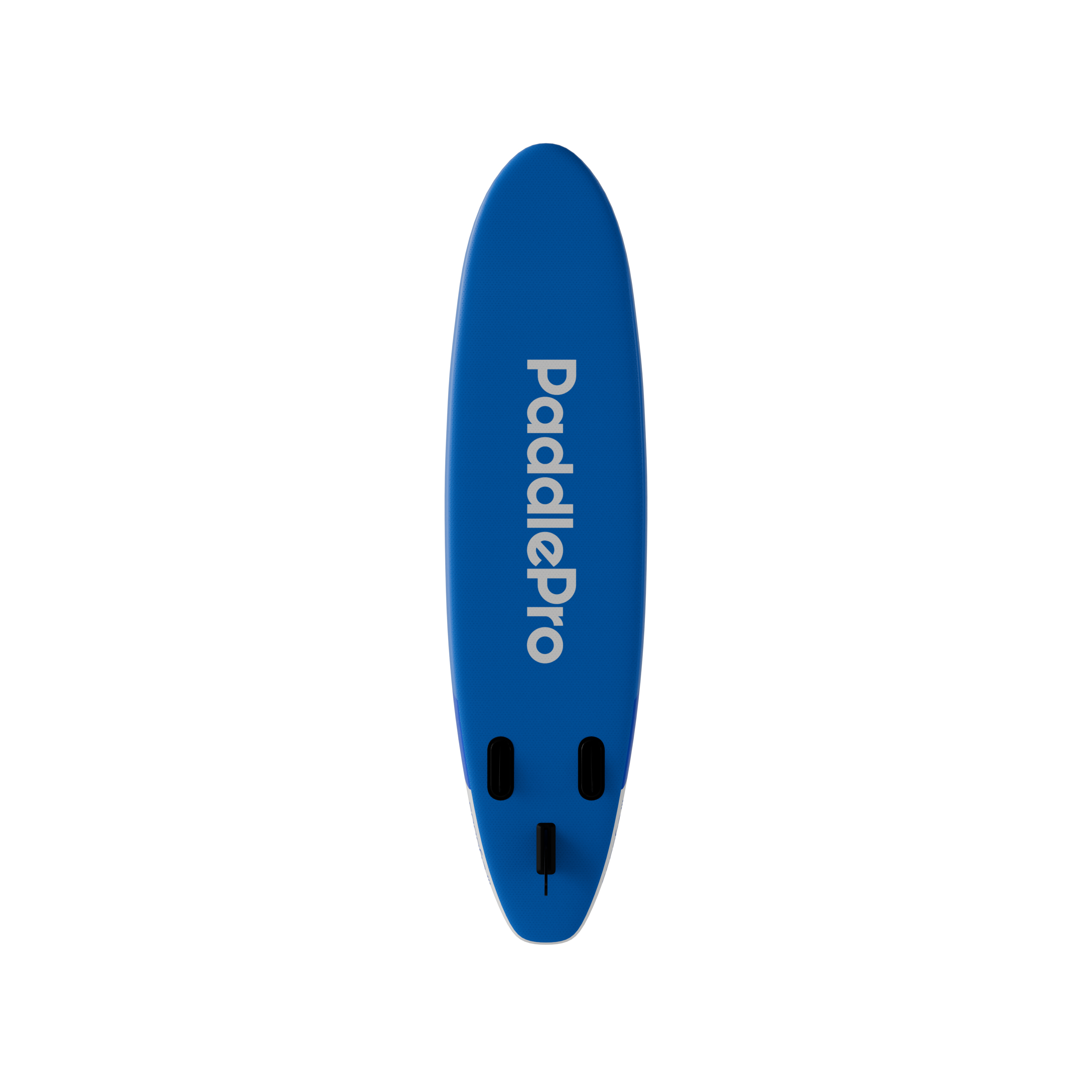 Een blauw paddleboard met witte 'PaddlePro' tekst en zwarte vinnen.
