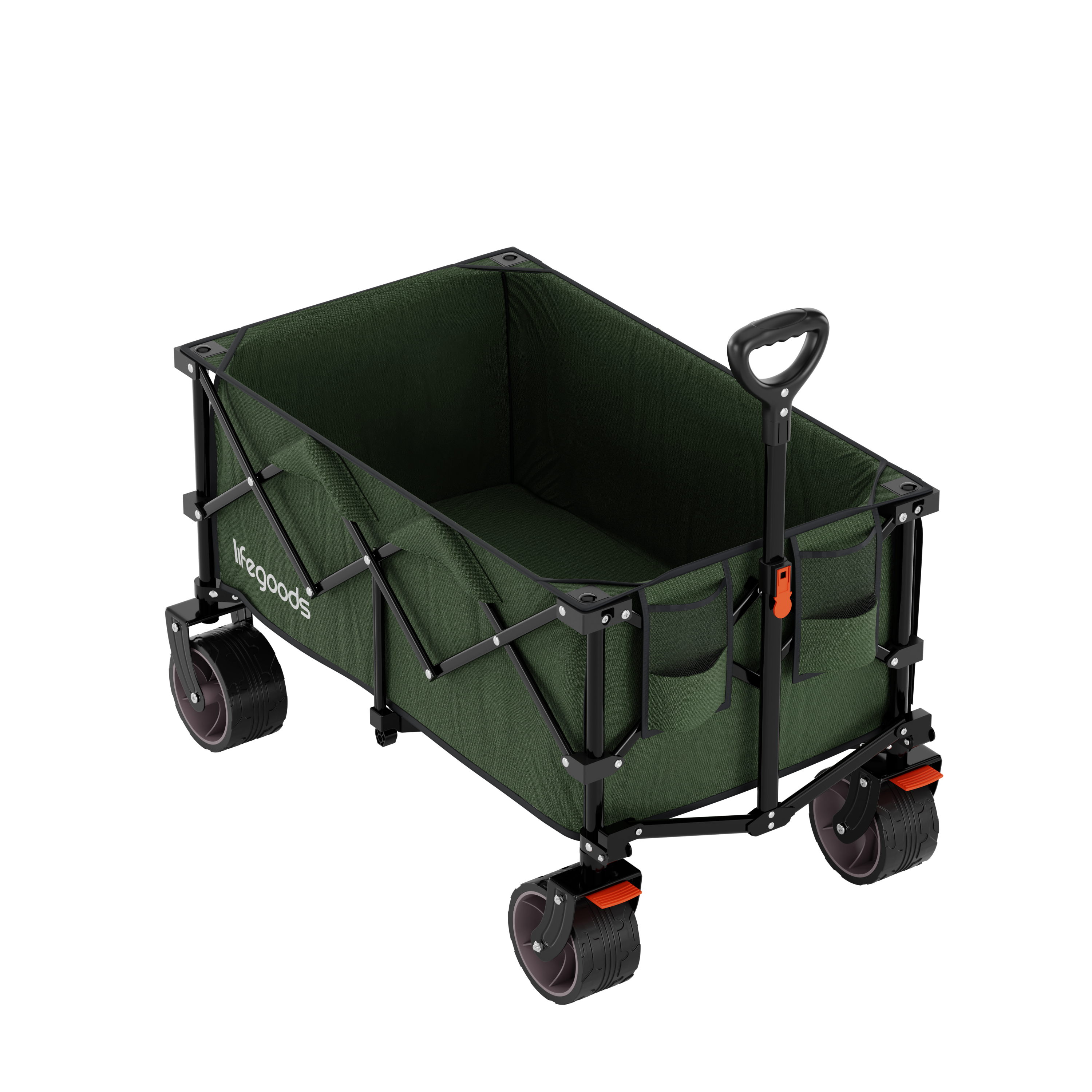 Green folding wagon with black frame and handle, standing on four wheels.