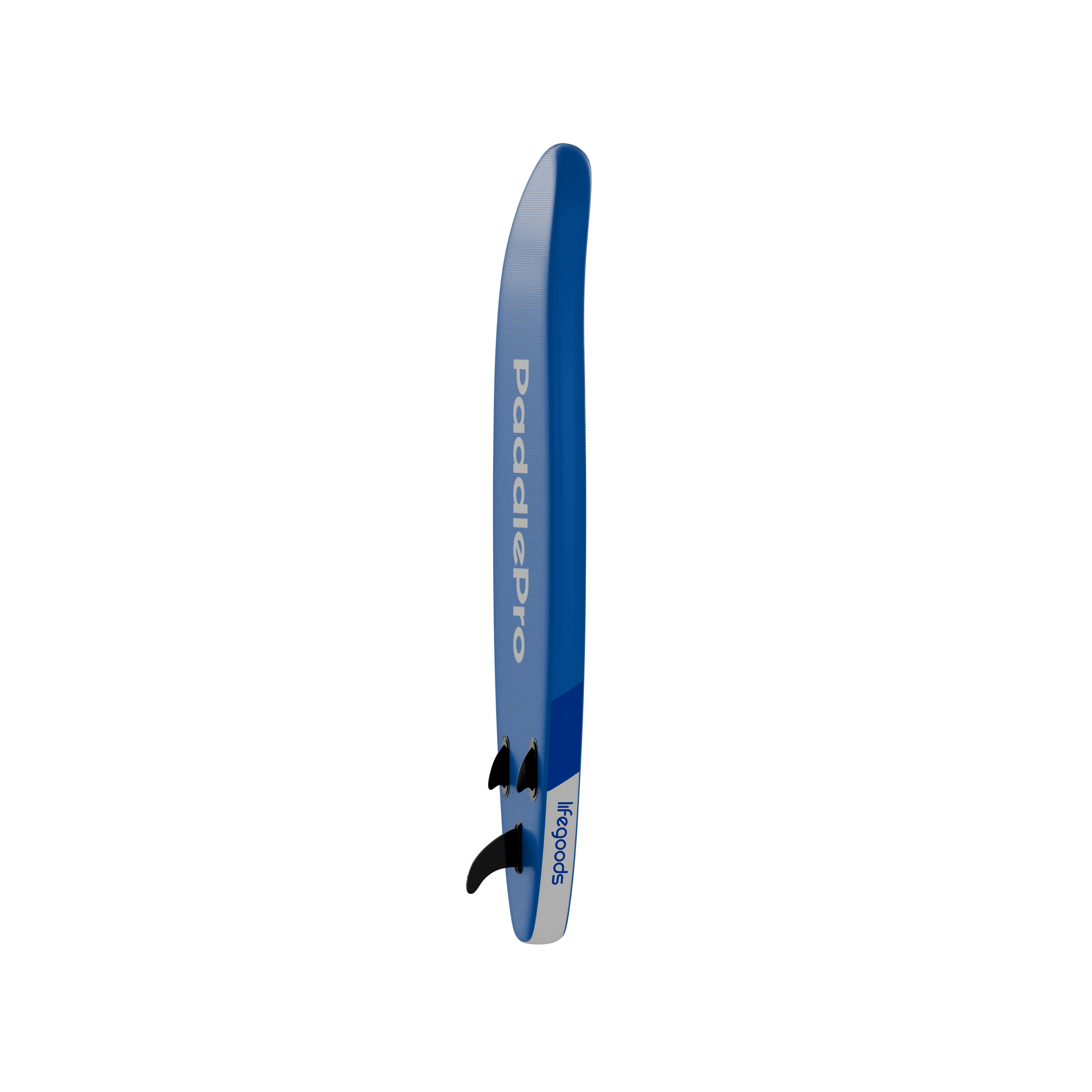 Een blauw paddleboard met witte tekst: "PaddlePro" en "lifegoods".